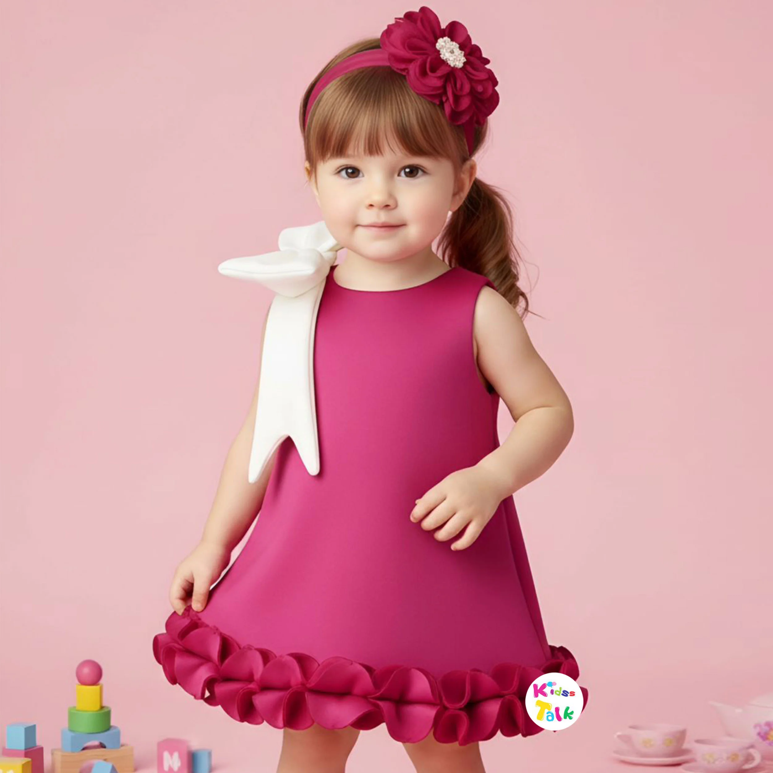 Scuba Sleeveless Party Frock With Bow Applique - Hot Pink