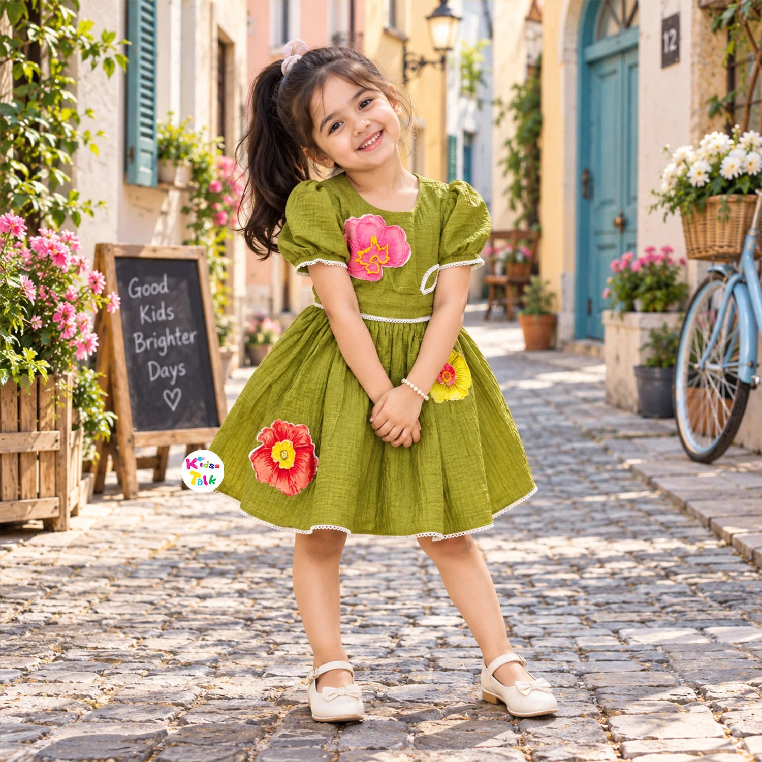 Muslin Half Sleeve Frock With Floral Patch Work - Green