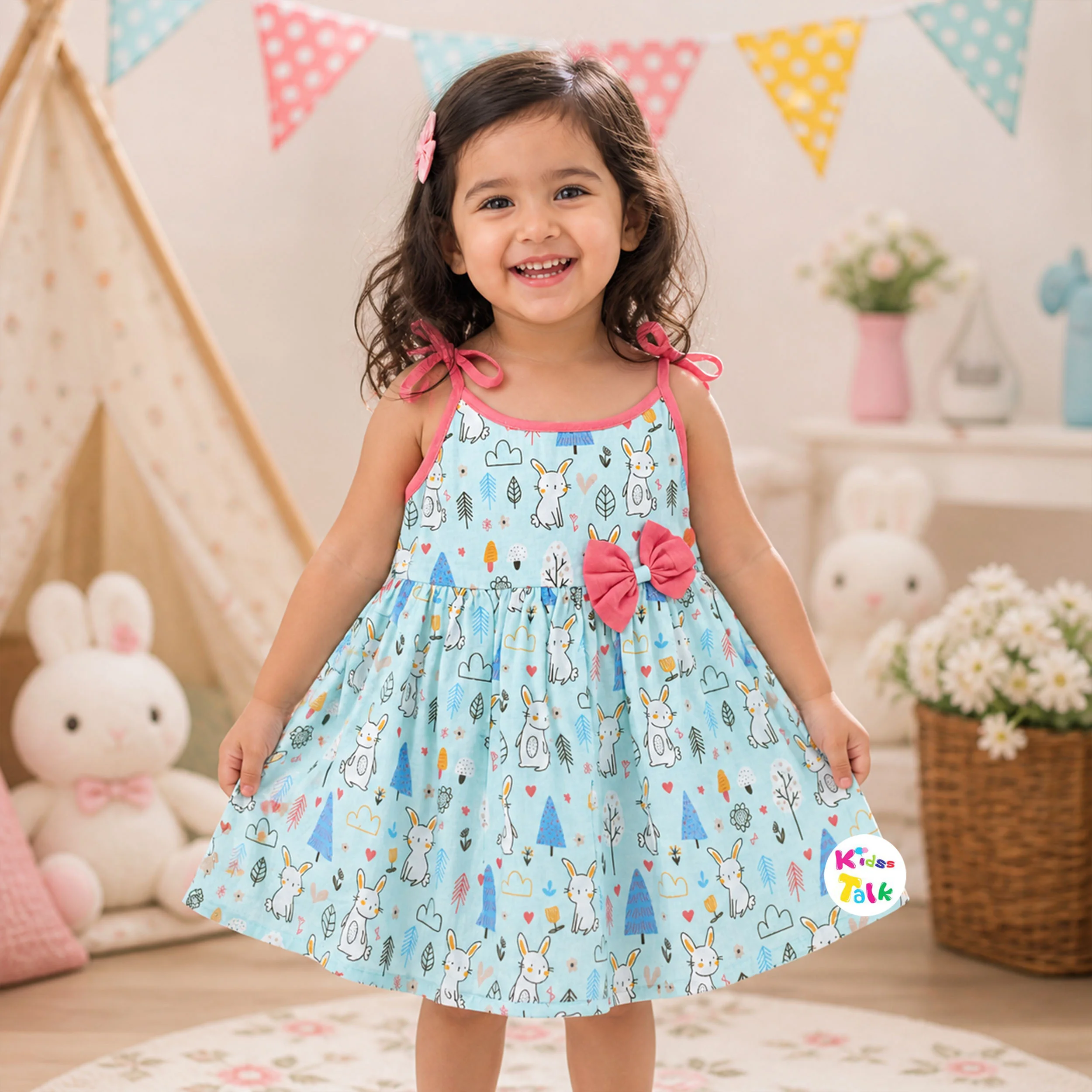 Cute Cotton Bunny Print Sleeveless Frock - Ice Blue