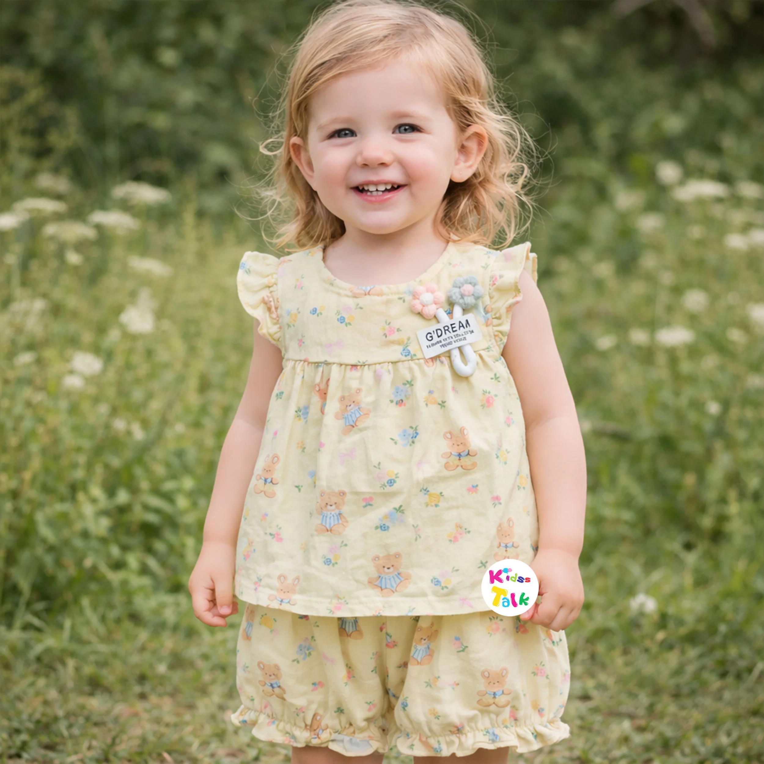 Muslin Half Sleeve Top With Cute Print & Half Pant - Cream