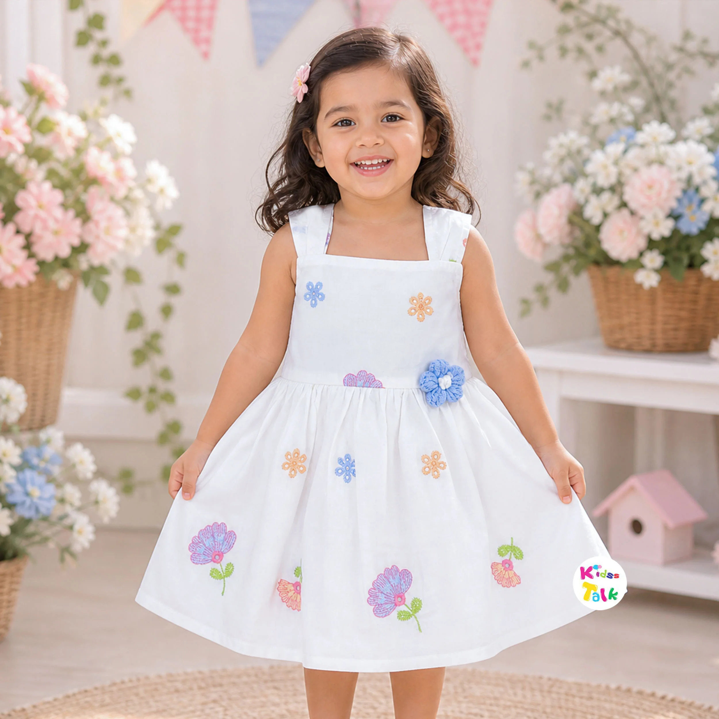 Muslin Half Sleeve Top With Cute Print & Half Pant - Ice Blue