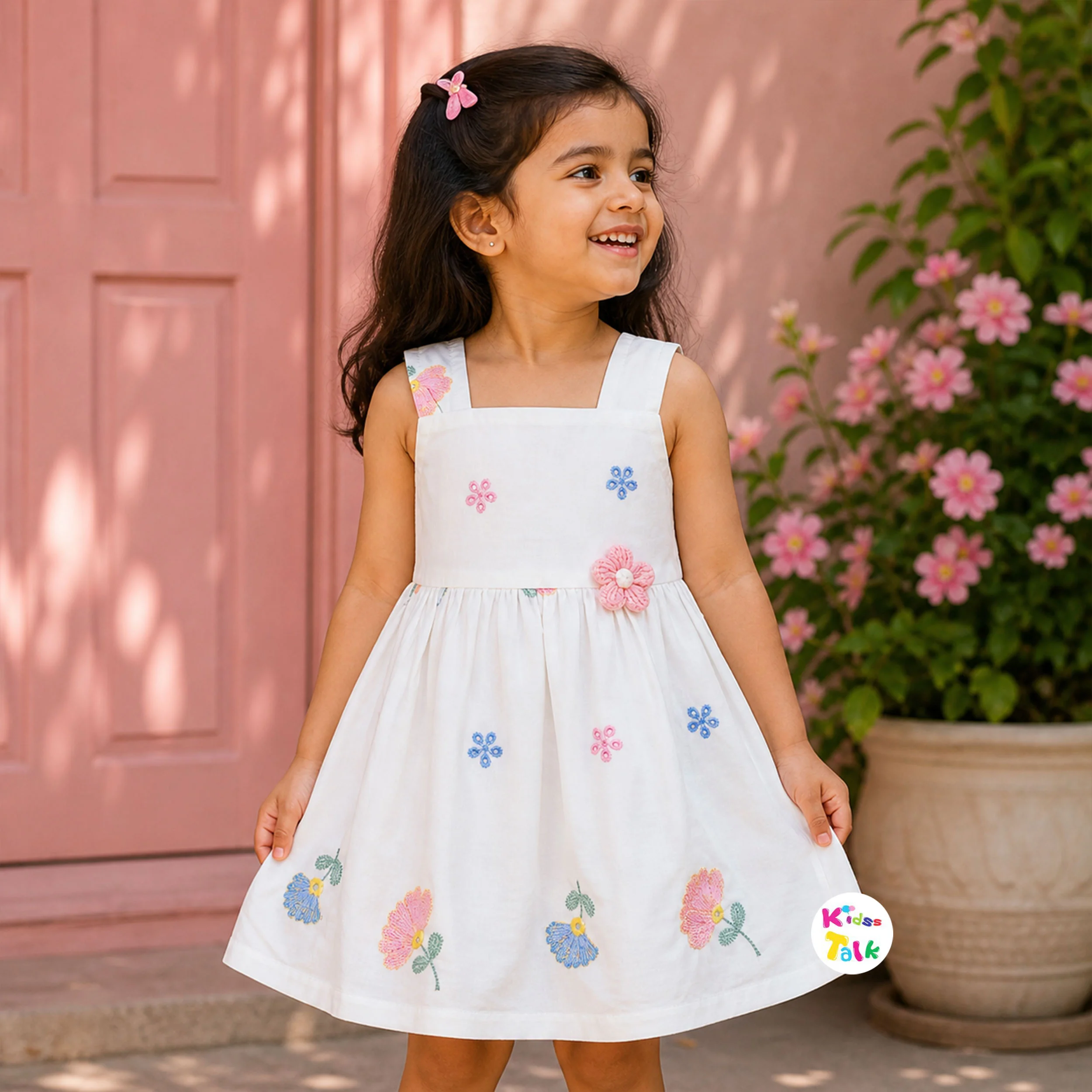 Cute Cotton Flower Embroidery Sleeveless Frock - Ice Blue