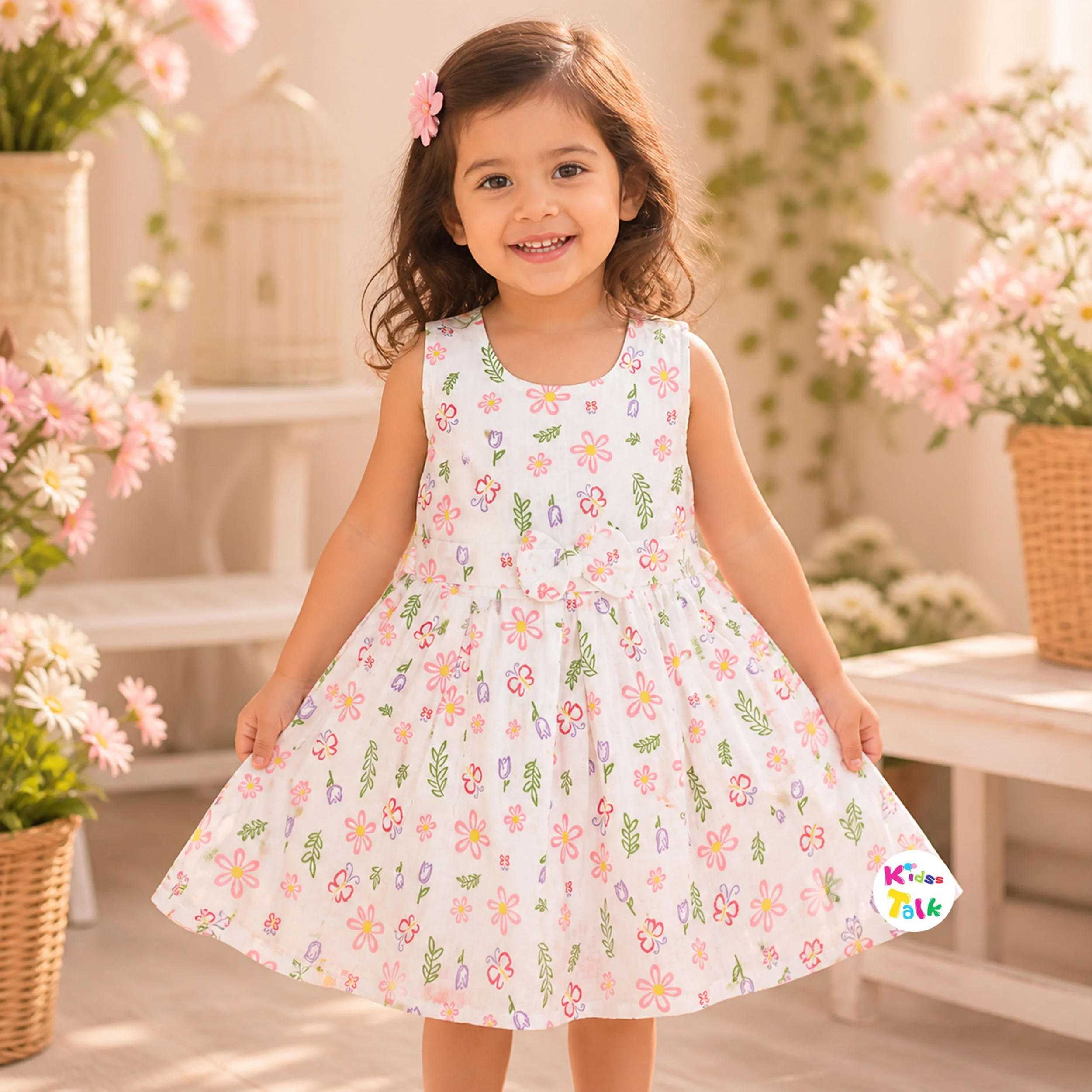 Cute Cotton Flower Print Sleeveless Frock - Peach