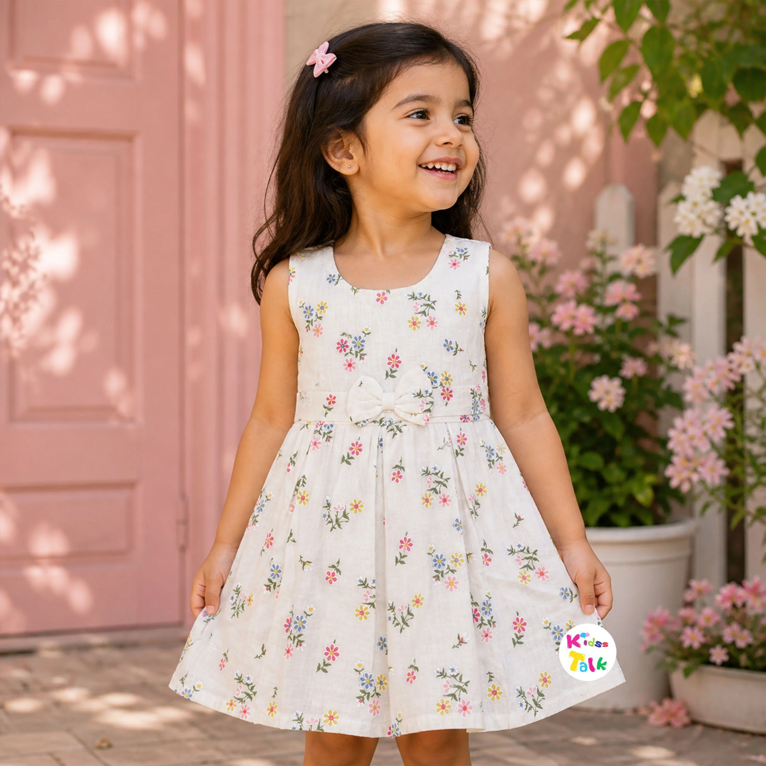 Cute Cotton Flower Print Sleeveless Frock - Lemon Yellow