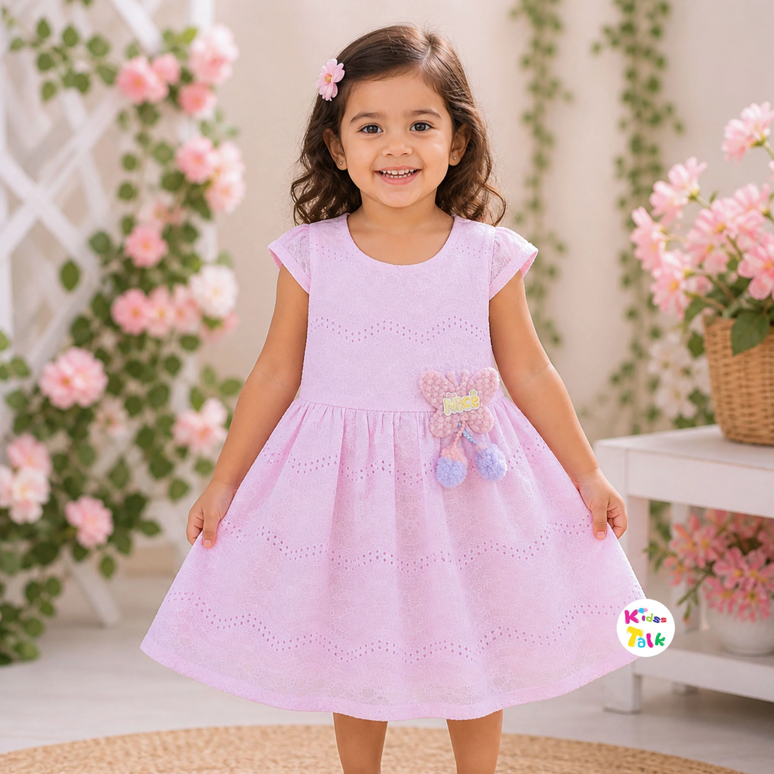 Cute Cotton Hakoba Effect Half Sleeve Frock - Baby Pink