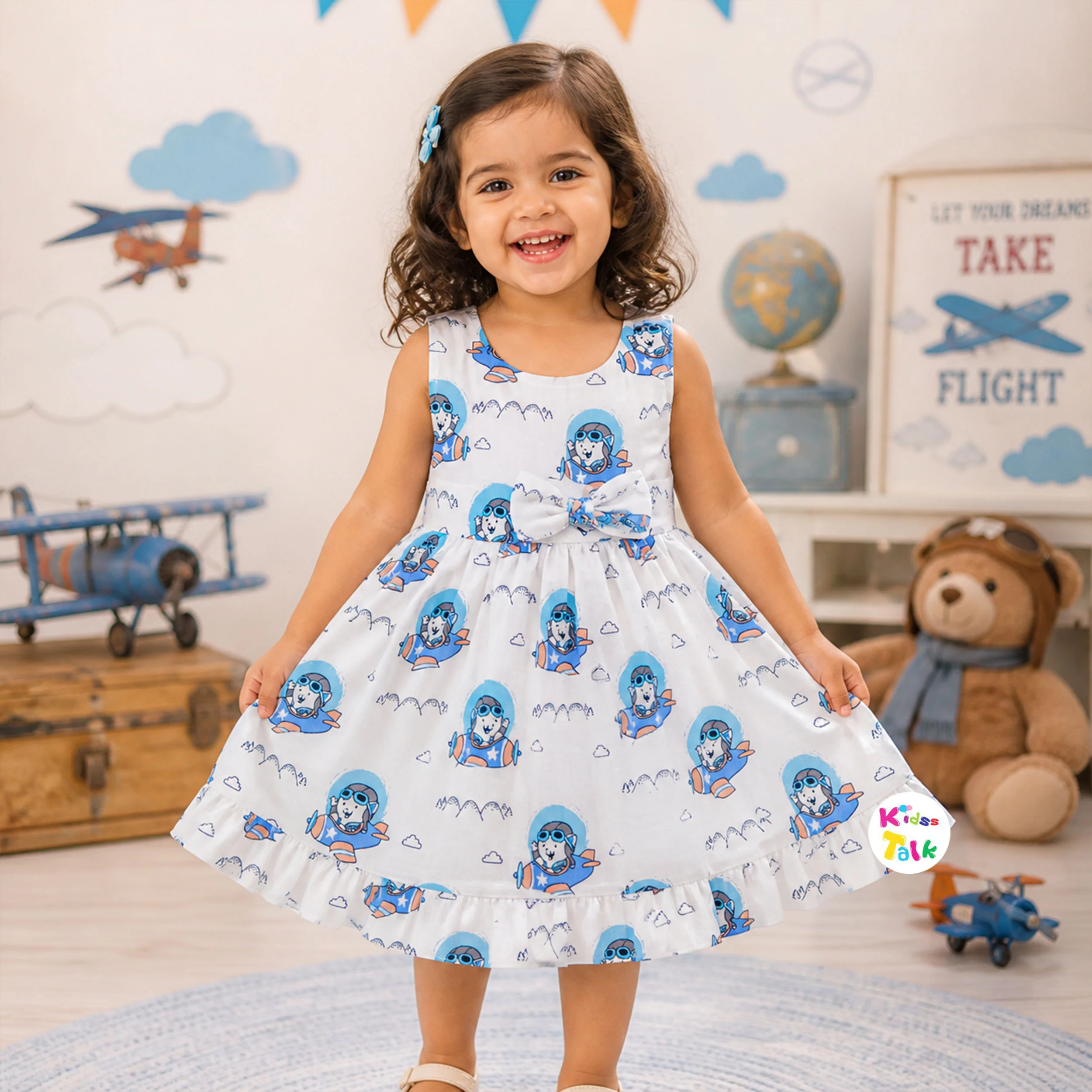 Cute Cotton Printed Sleeveless Frock - Ice Blue