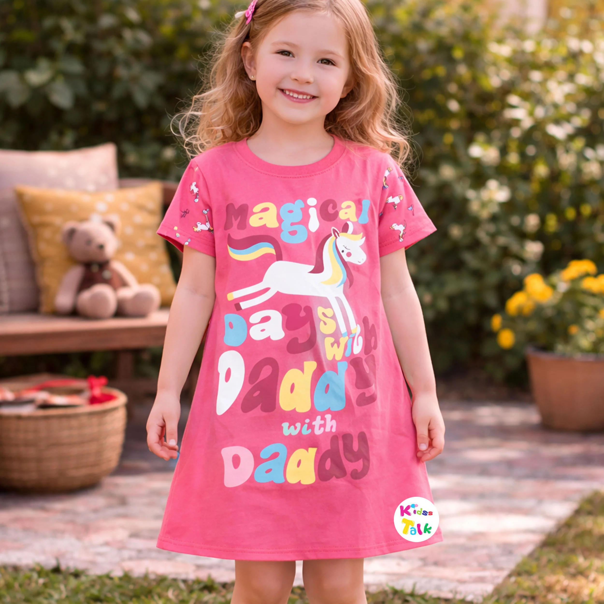 Cotton Knitted Half Sleeve Nighty With Cute Print - Baby Pink