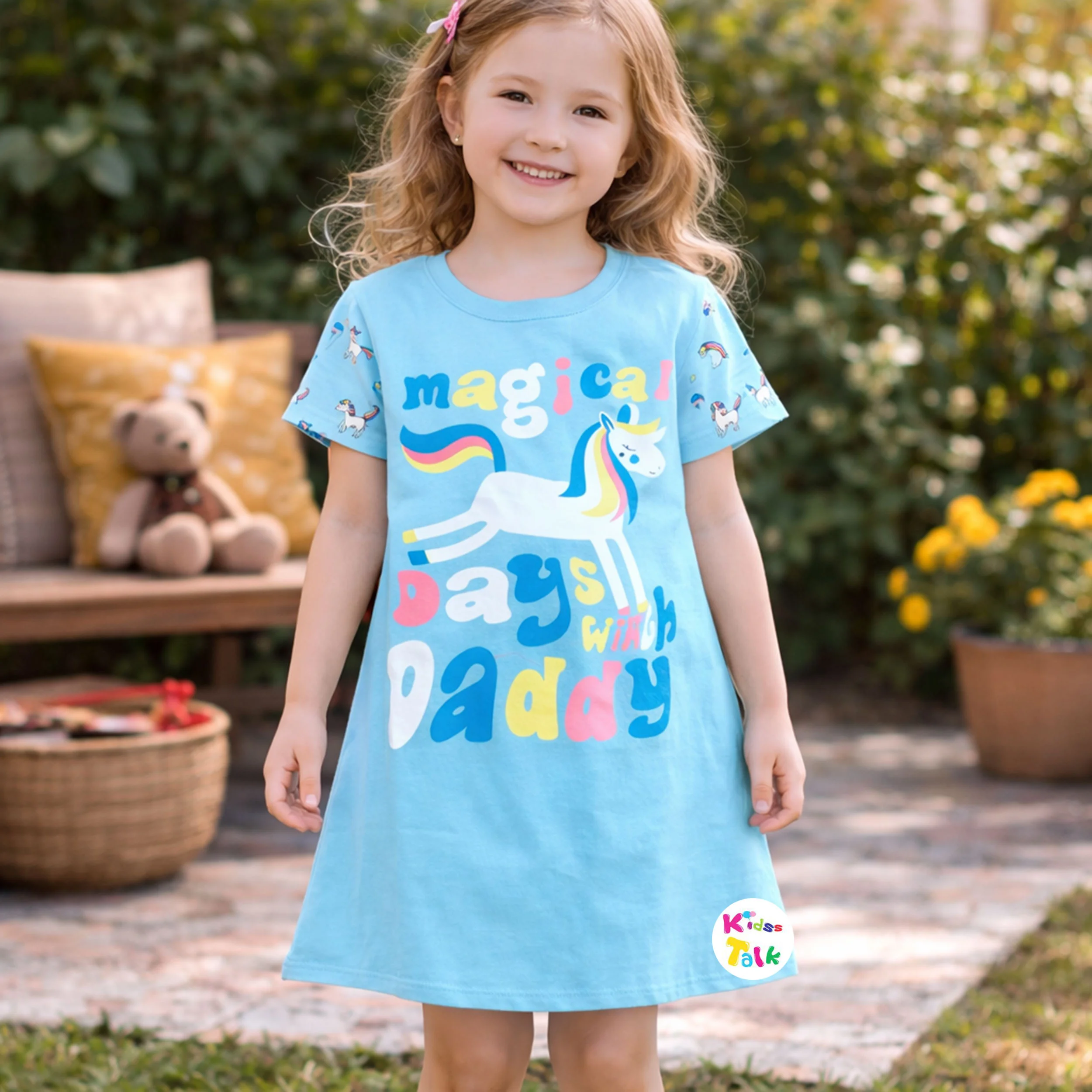 Cotton Knitted Half Sleeve Nighty With Cute Print - Ice Blue
