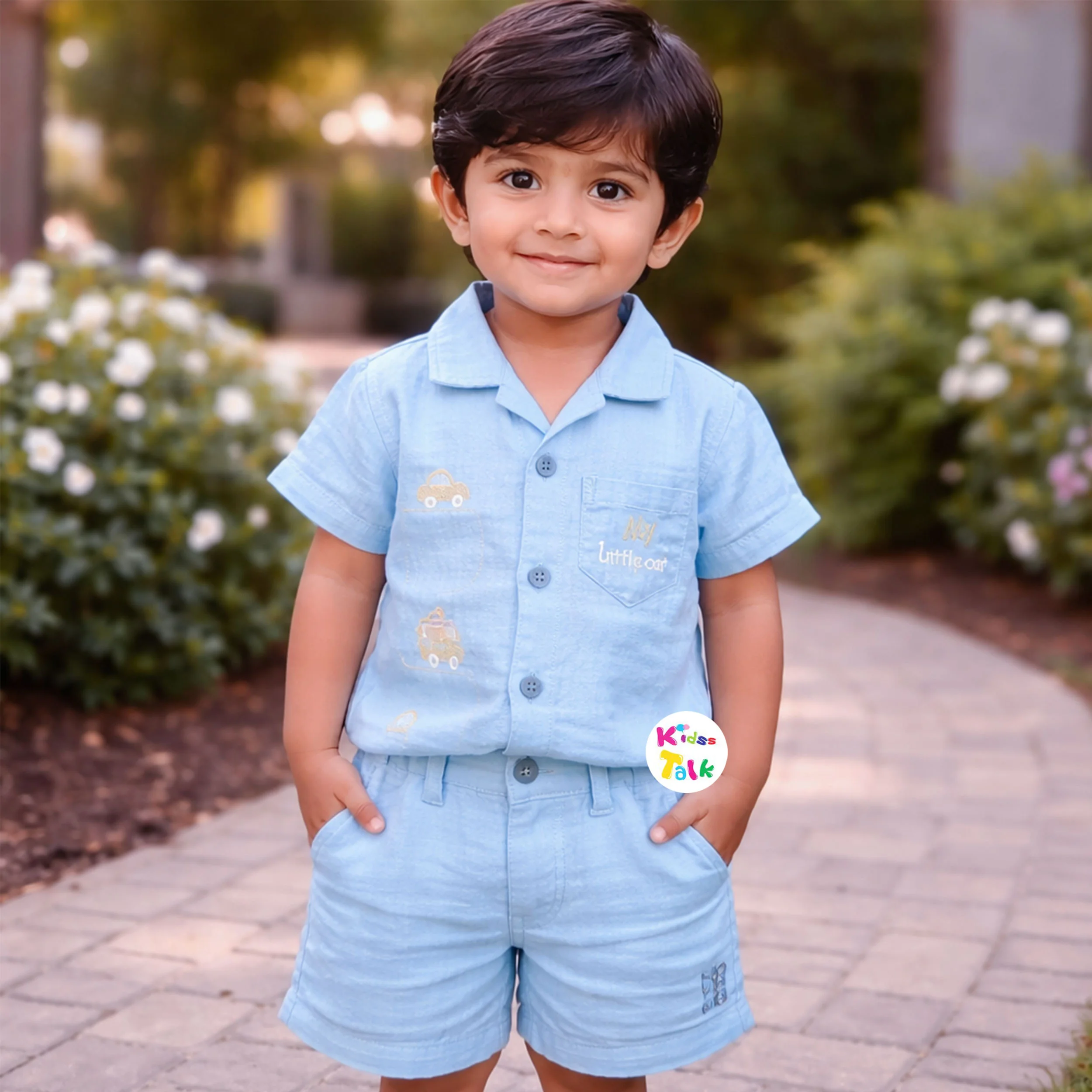 Soft Mulsin Half Sleeve Half Pant Set With Cute Print - Ice Blue