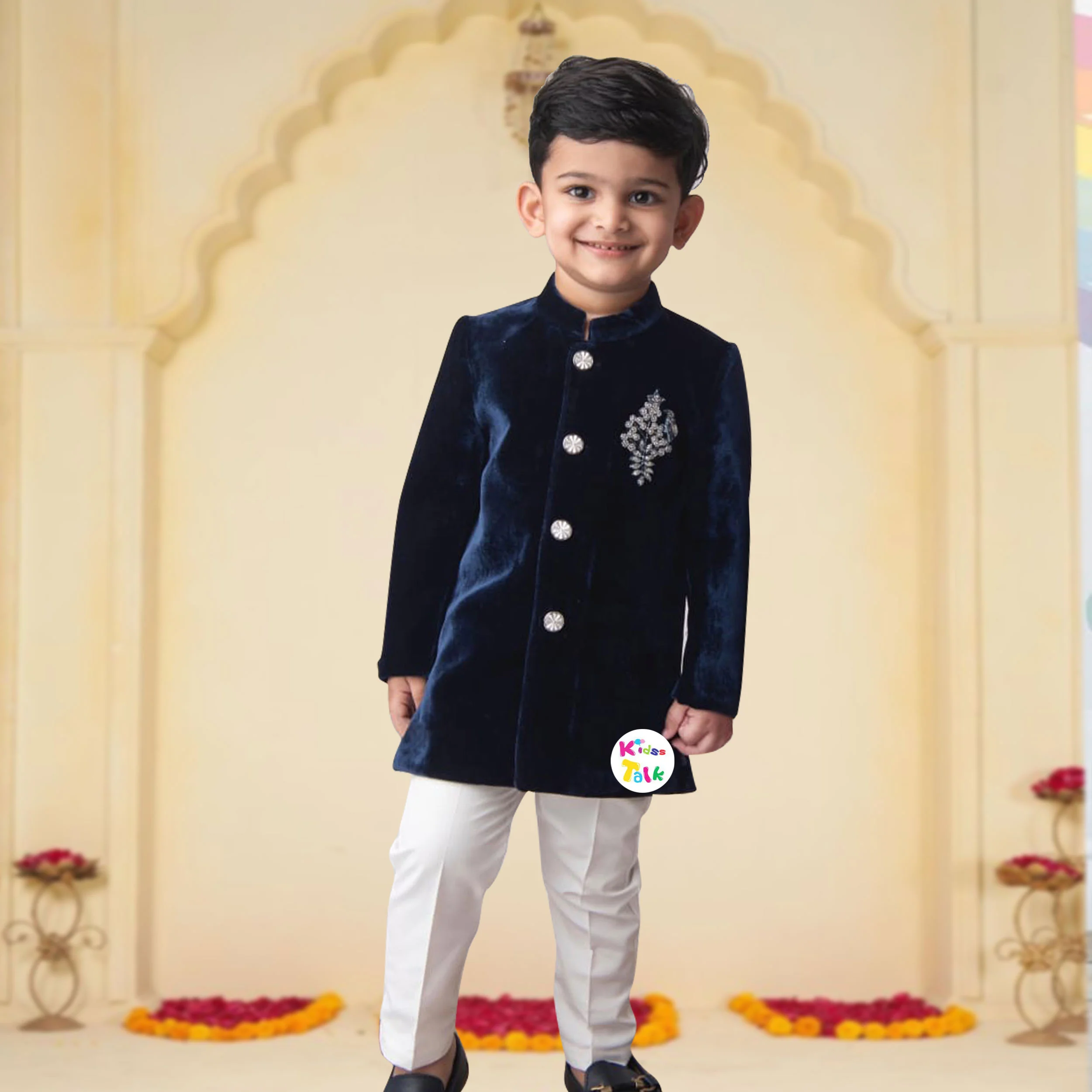 Royal Velvet Full Sleeve Sherwani Set With Broach - Teal Blue