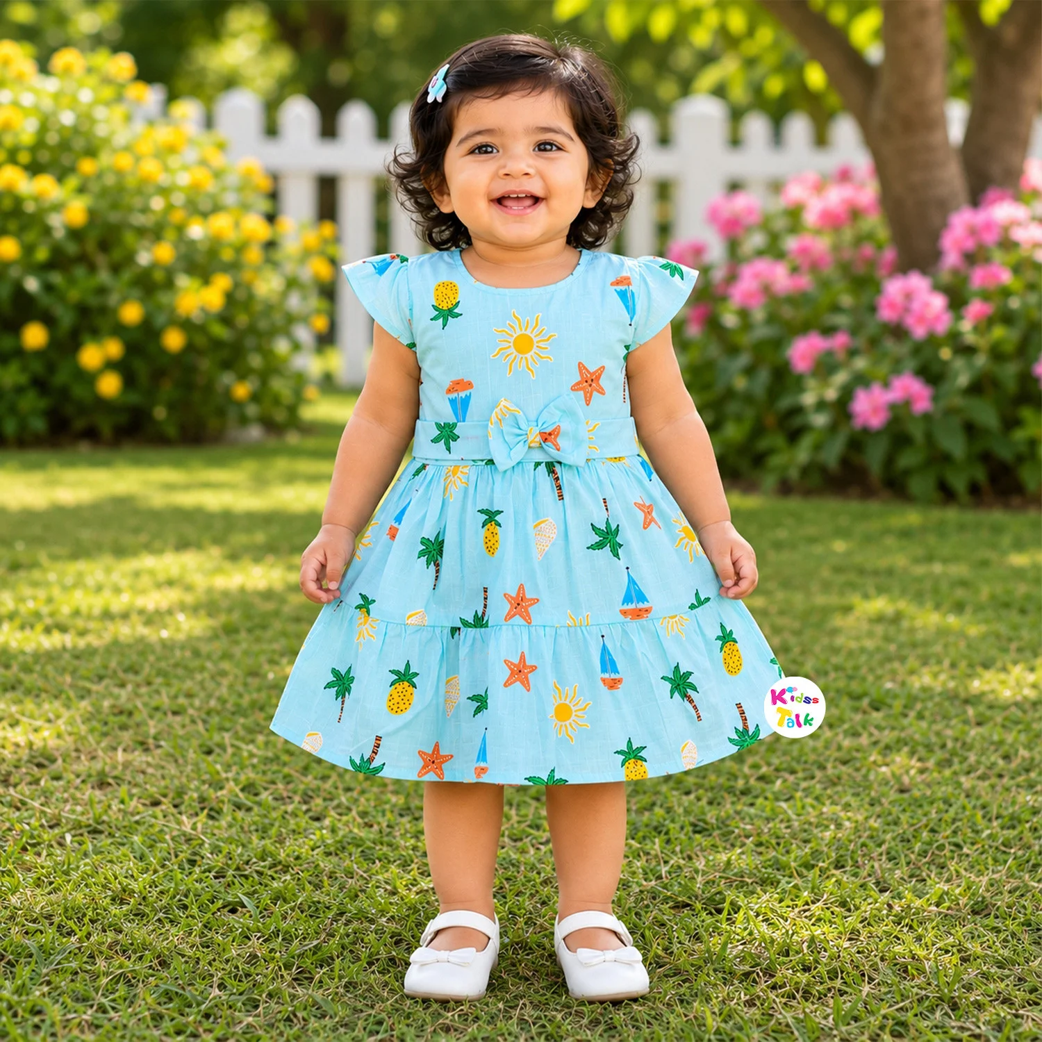 Muslin Cap Sleeve Frock With Cute All Over Print & Bow - Blue