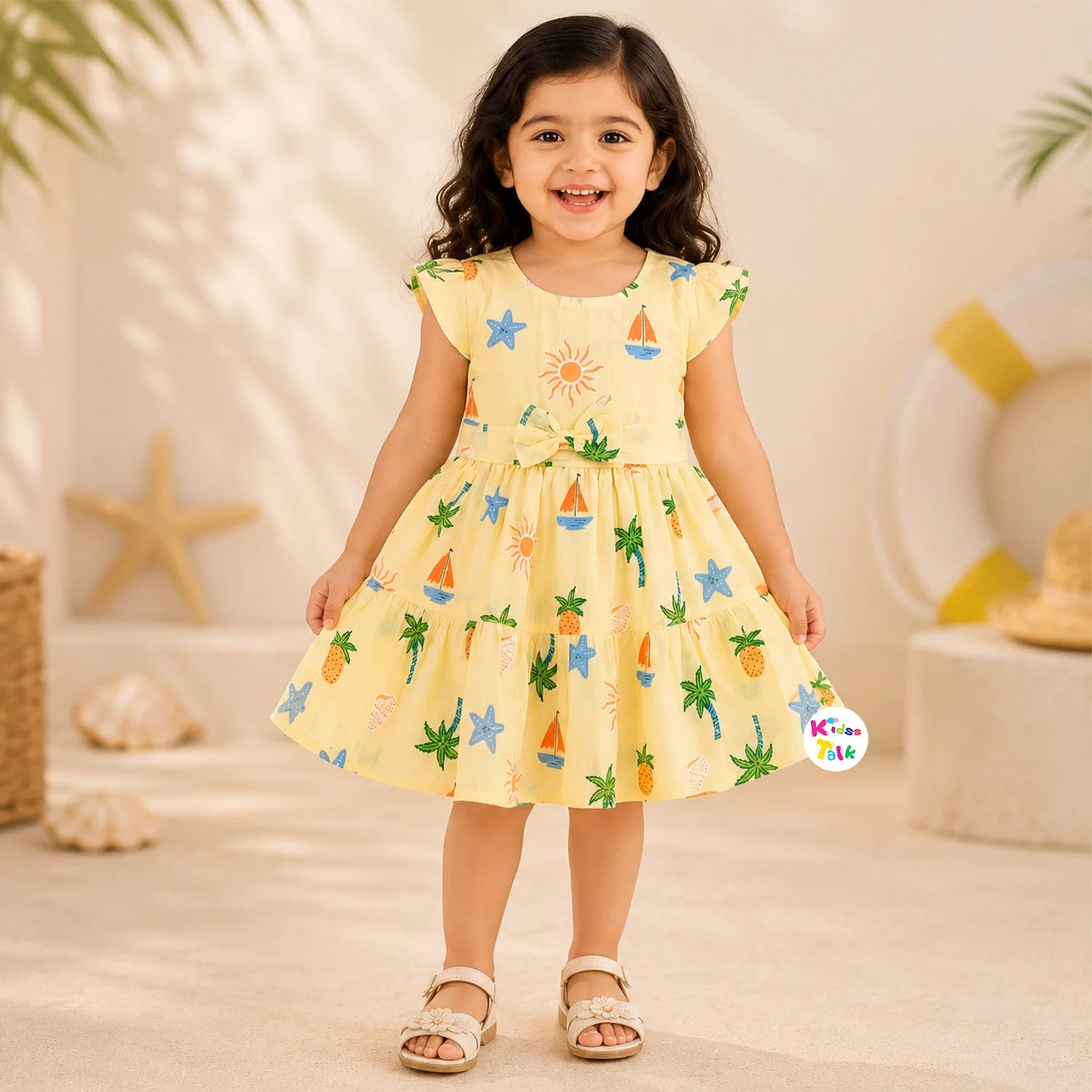 Muslin Cap Sleeve Frock With Cute All Over Print & Bow - Lemon Yellow