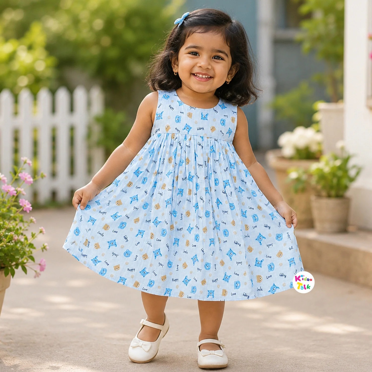 Muslin Sleeveless Frock With Cute All Over Print - Blue