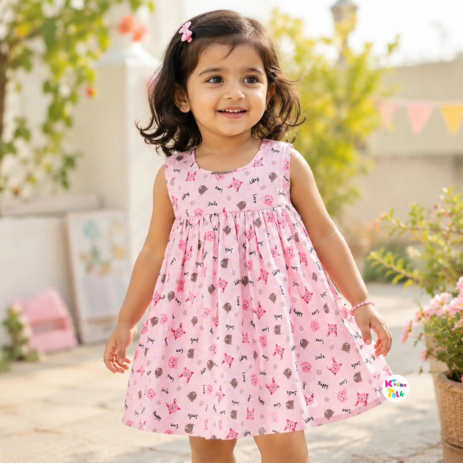 Muslin Sleeveless Frock With Cute All Over Print - Pink