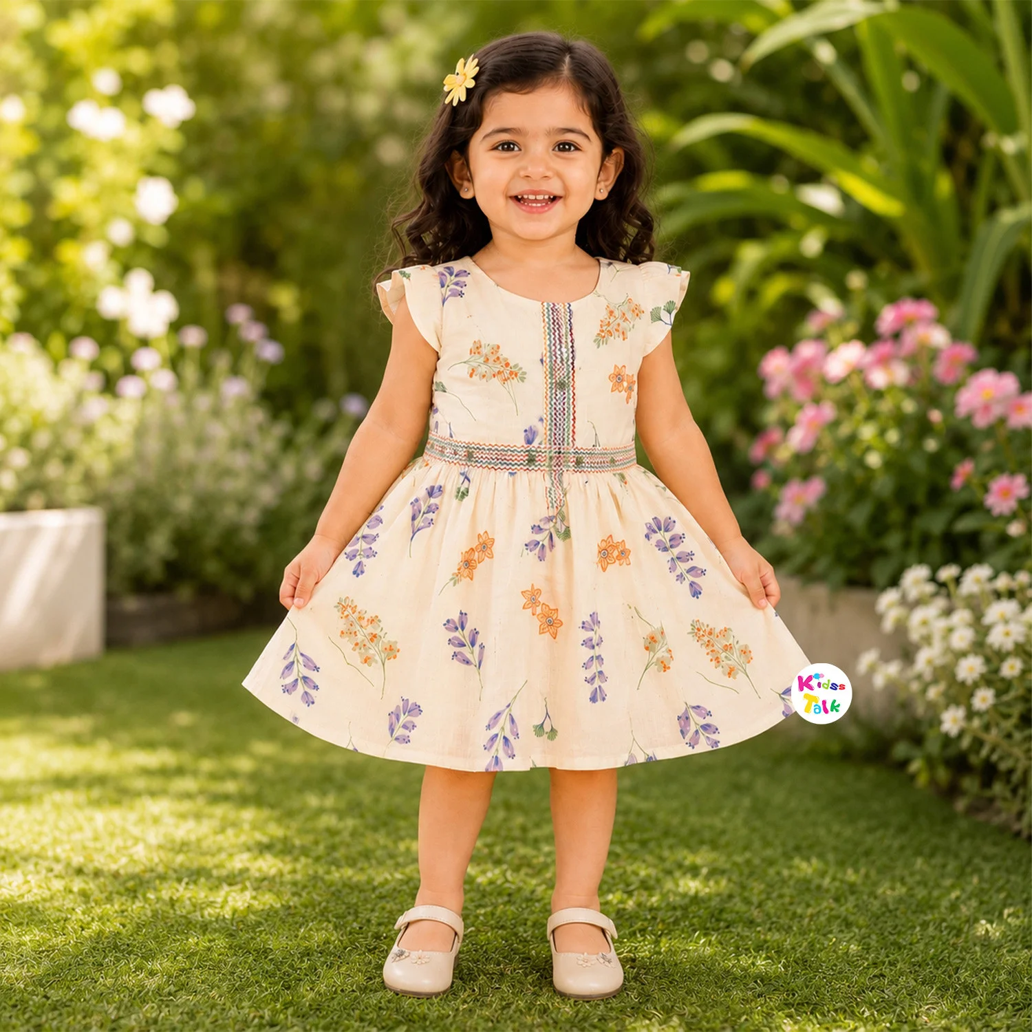 Muslin Sleeveless Frock With Cute All Over Print - Purple