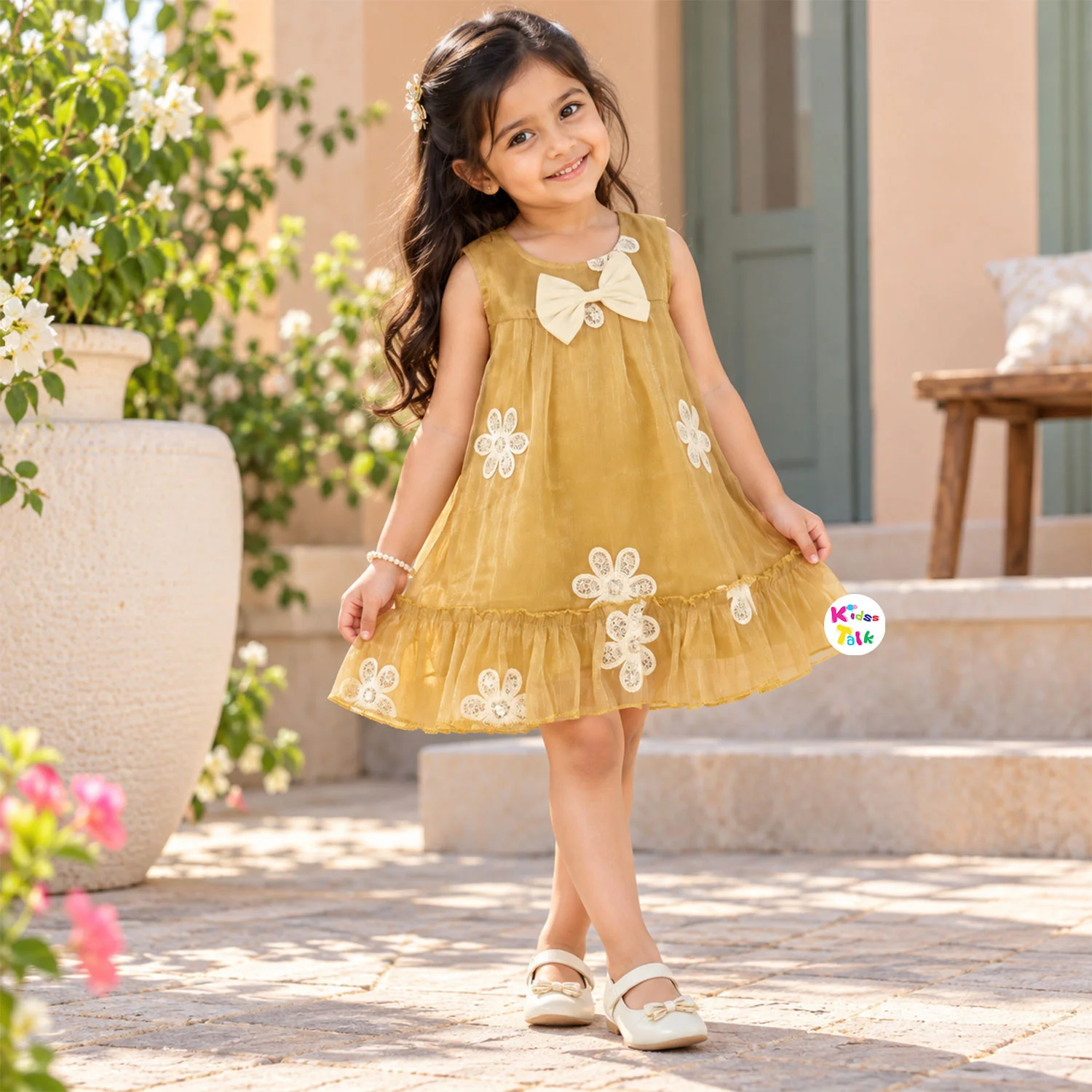 Tissue Sleeveless Party Frock With Bow & Flower Applique - Mustard