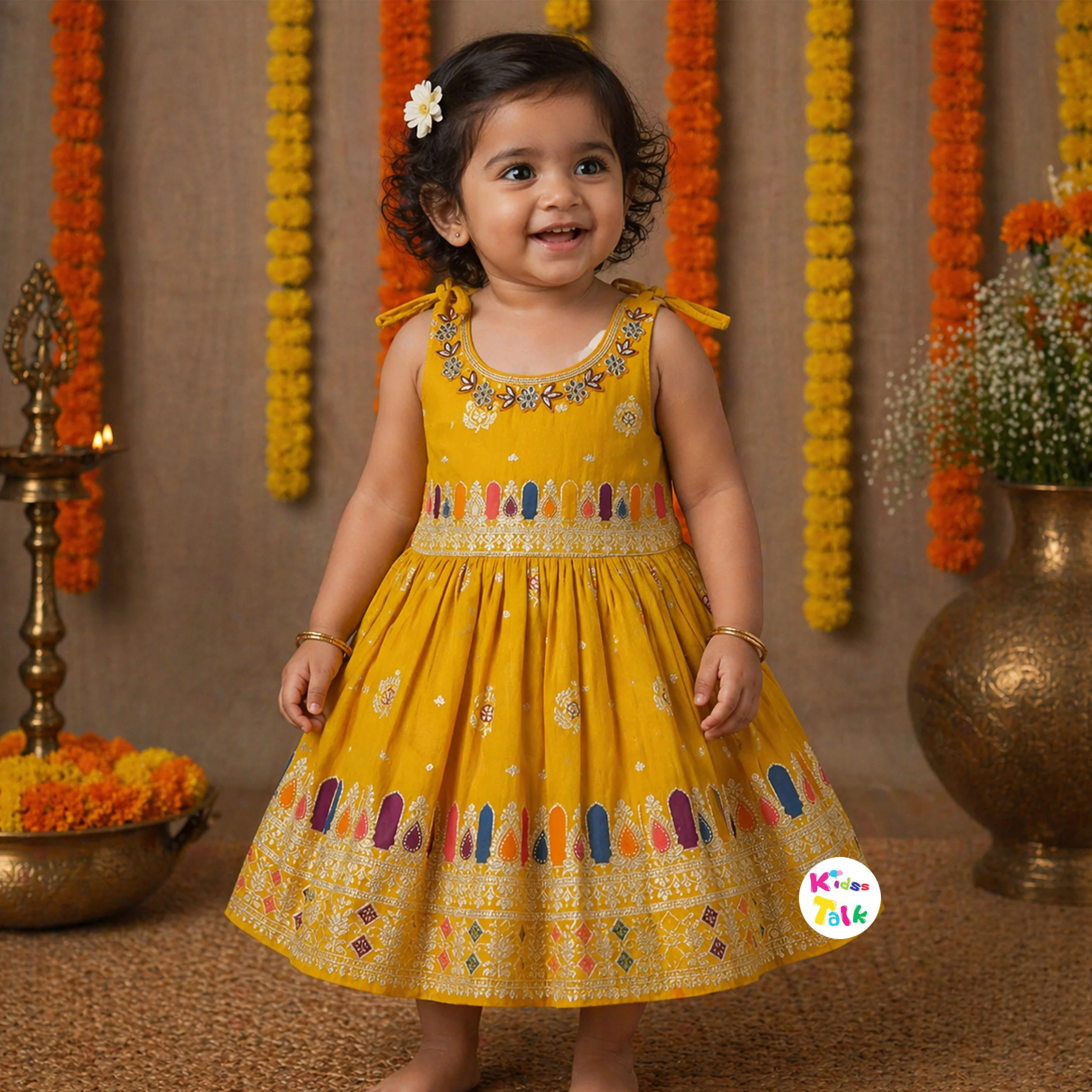 Silk Sleeveless Frock With Stone Work - Mustard