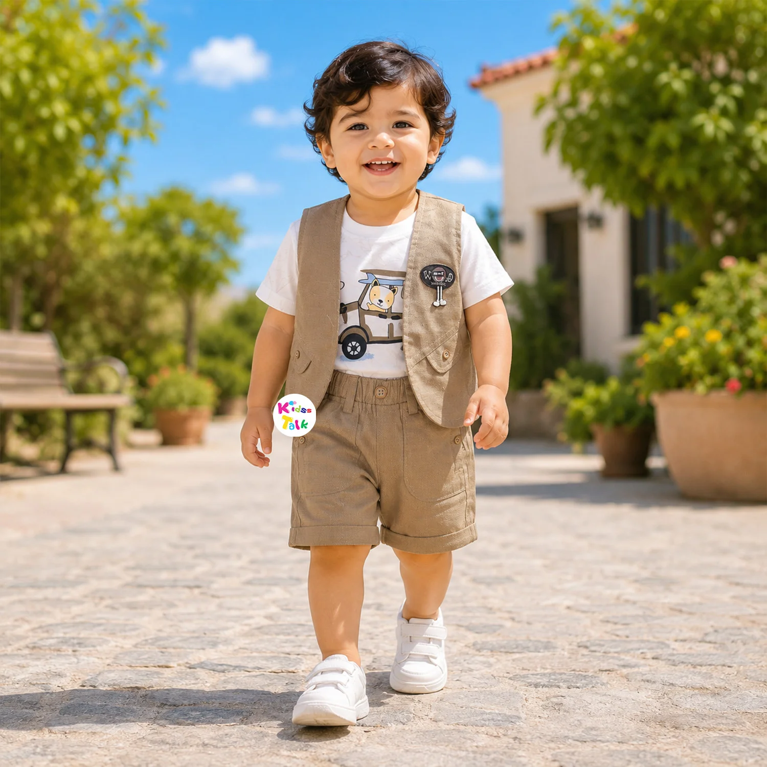 Cotton Half Sleeve Half Pant Set With Cute Character Print & Patch Work - Khaki