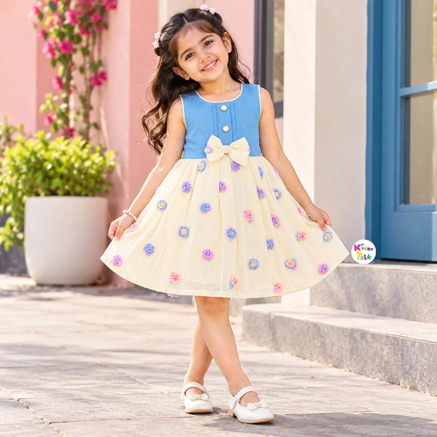 Cute Cotton 3d Flower Sleeveless Frock - Blue