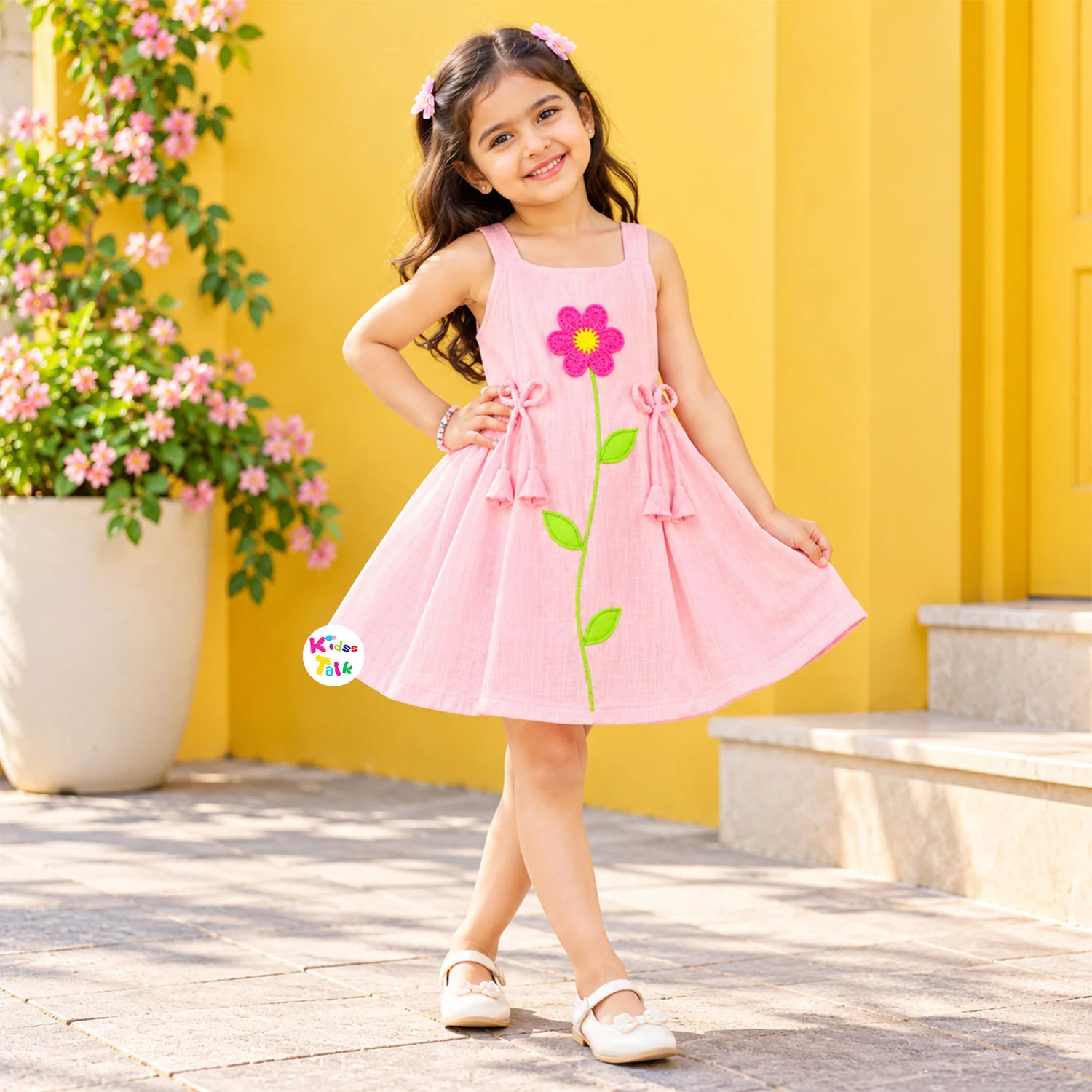 Cute Linen Cotton Flower Patch Work Spaghetti Strap Frock - Baby Pink