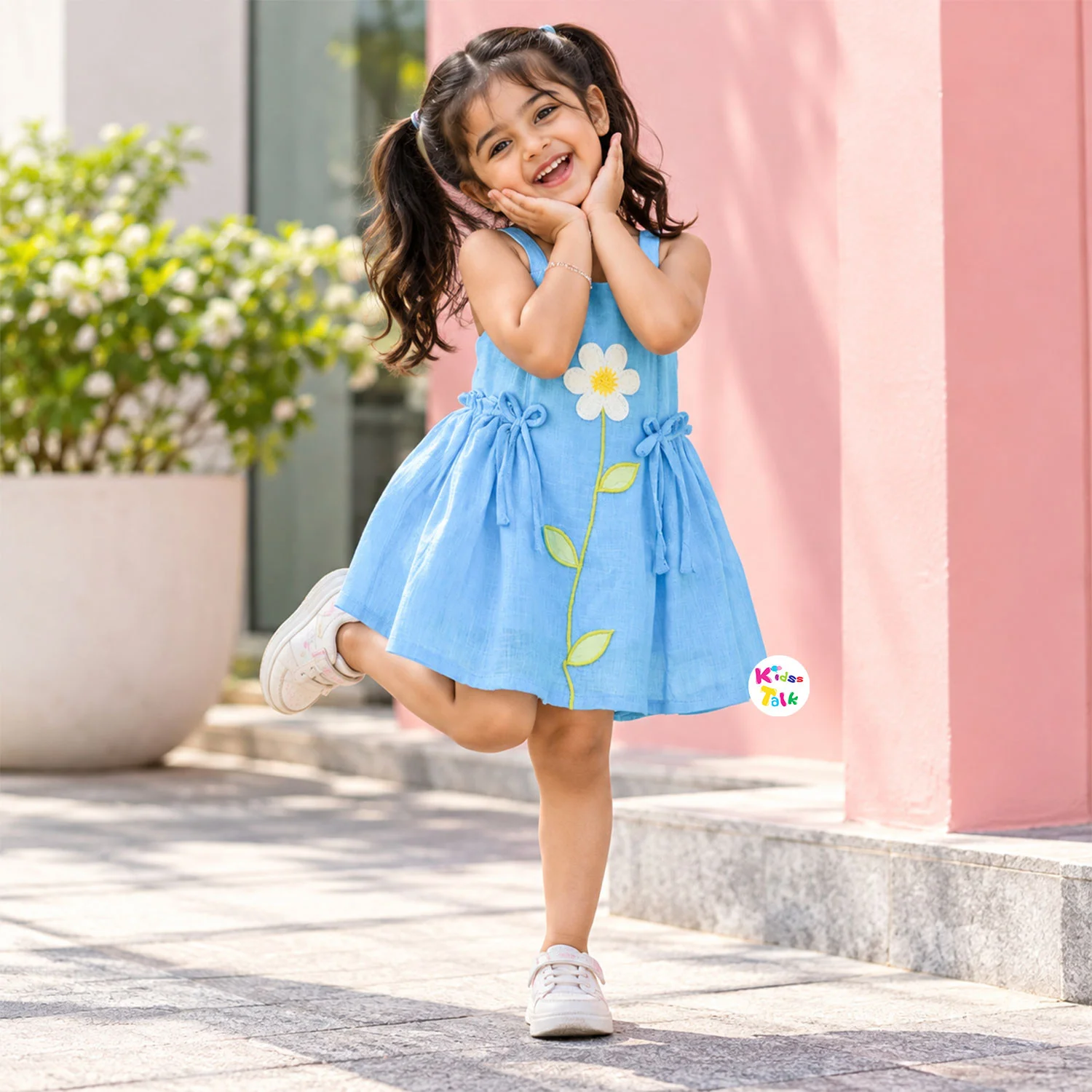 Cute Linen Cotton Flower Patch Work Spaghetti Strap Frock - Blue