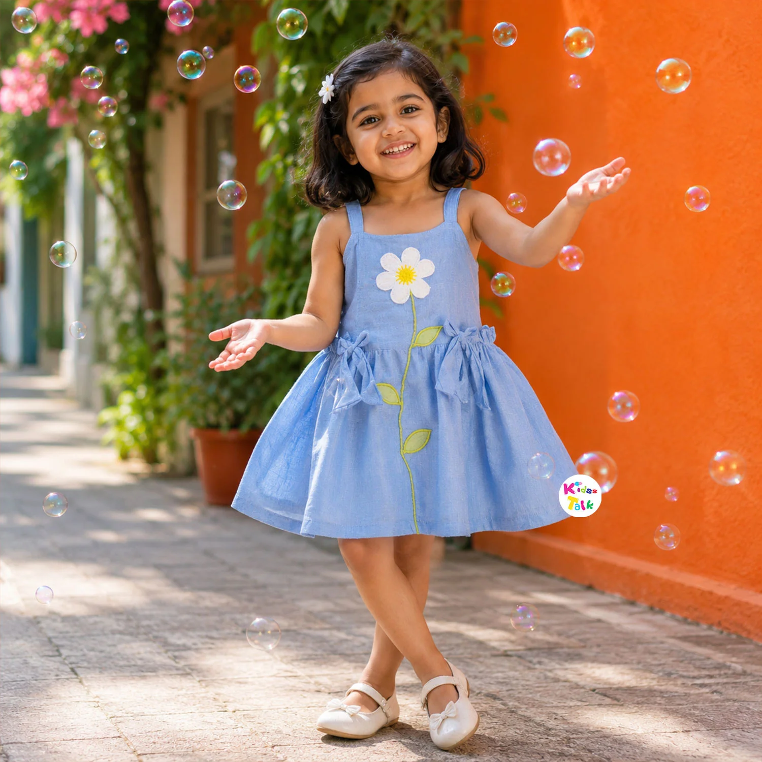 Cotton Sleeveless Casual Frock With Flower Embroidery - Ice Blue