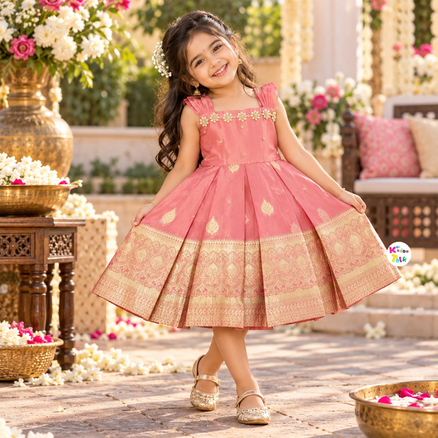 Cotton Silk Sleeveless Frock With Stone Work - Peach