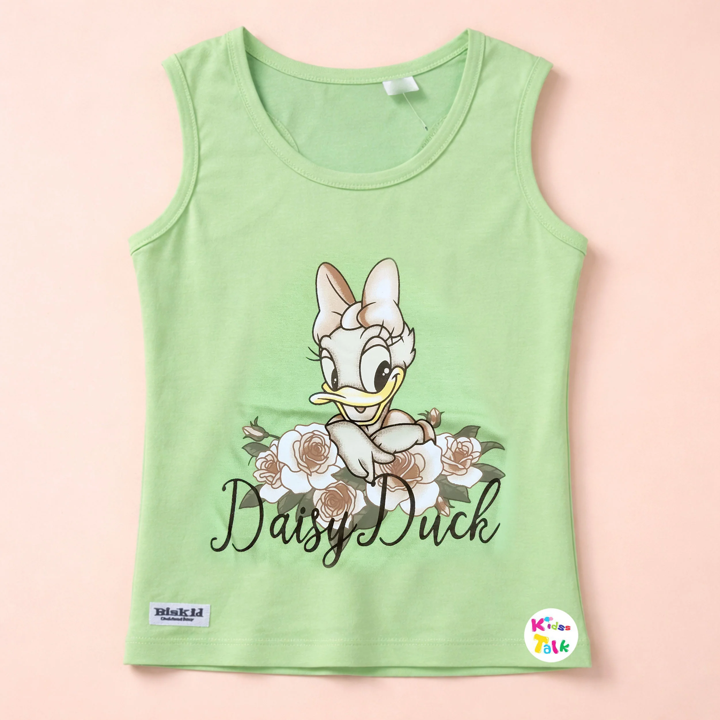 Cotton Knitted Sleeveless T-shirt With Cute Print - Pista Green