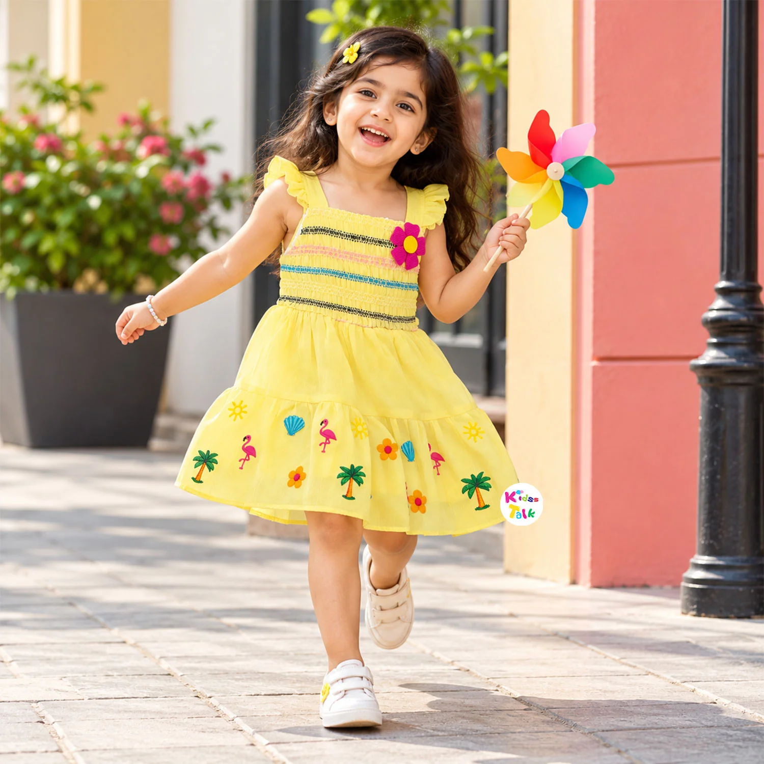Cute Cotton Beach Embroidery Ruffle Sleeve Frock - Lemon Yellow