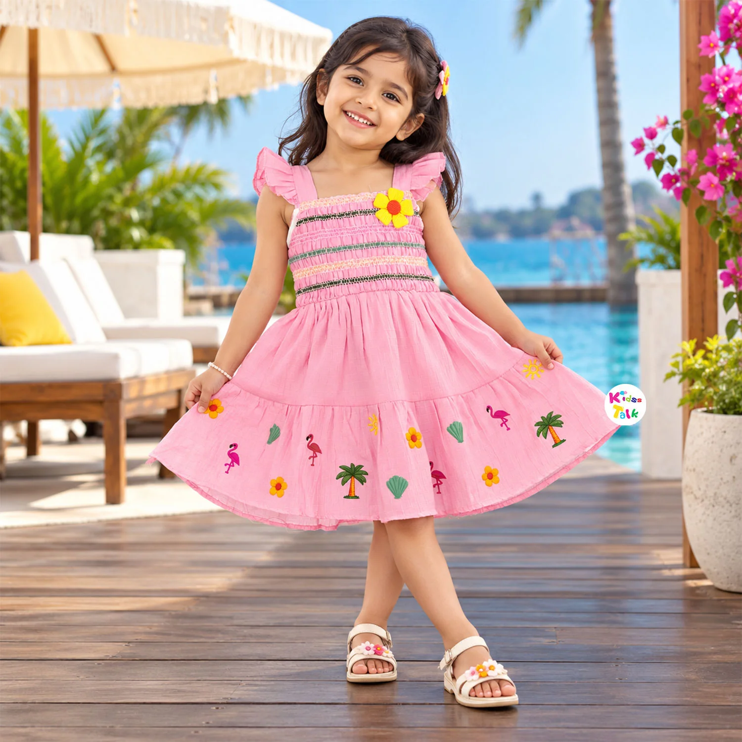Cute Cotton Beach Embroidery Ruffle Sleeve Frock - Peach