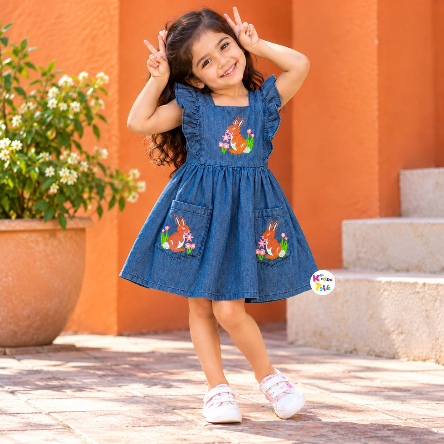 Cute Denim Bunny Embroidery Ruffle Sleeve Frock - Denim Blue