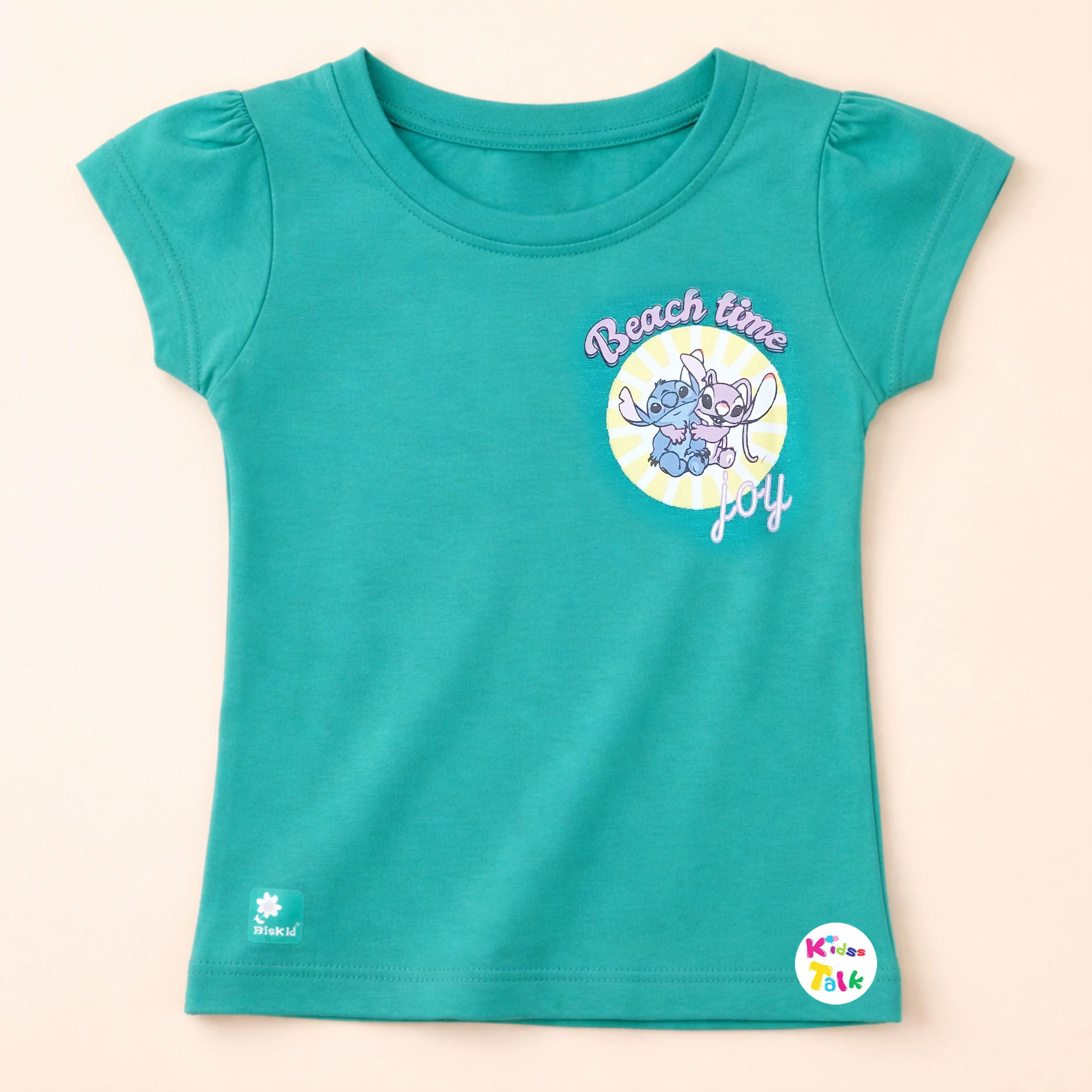 Cotton Knitted Half Sleeve T-shirt With Cute Print - Seafoam Green