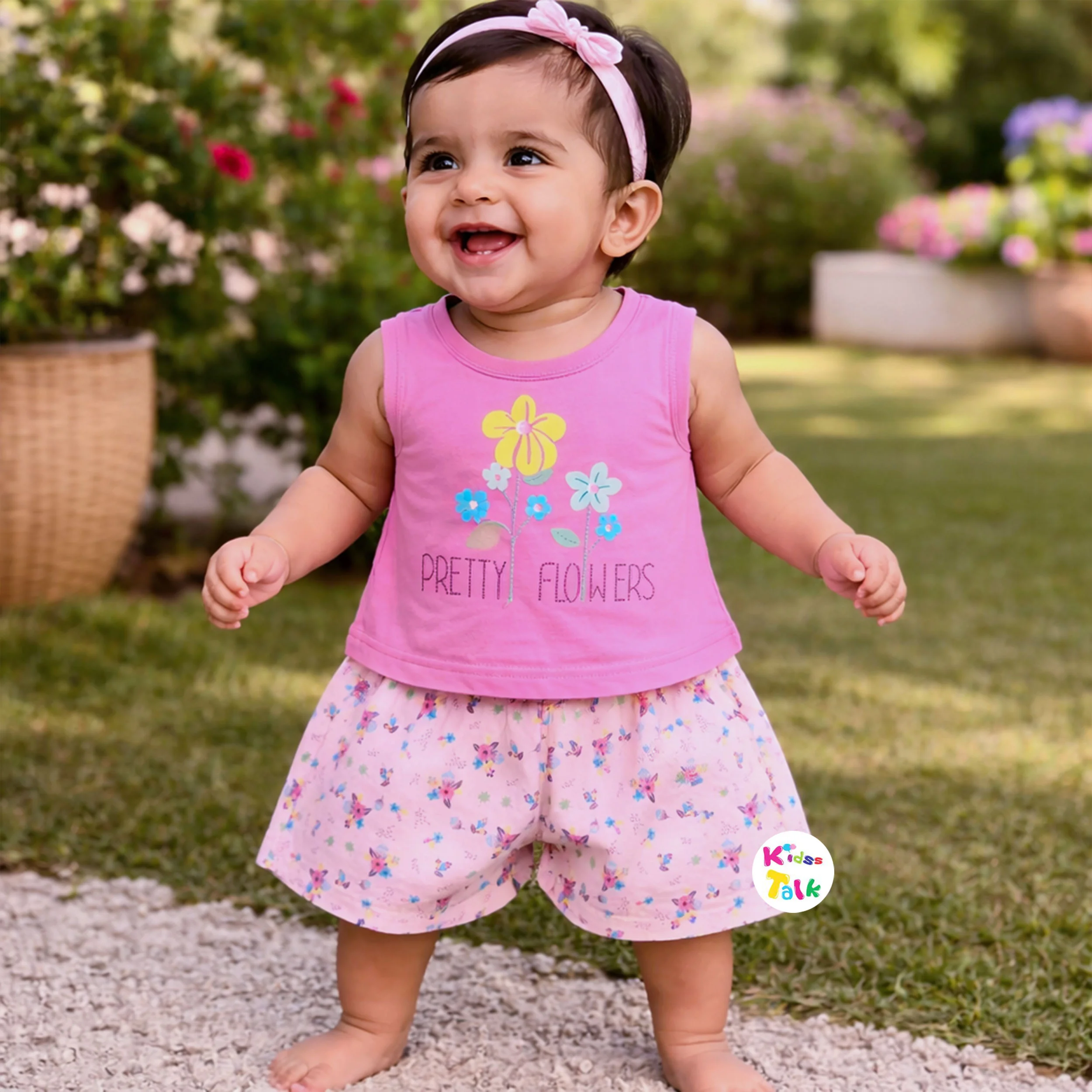 Cotton Knitted Sleeveless T-shirt Set With Cute Print - Baby Pink