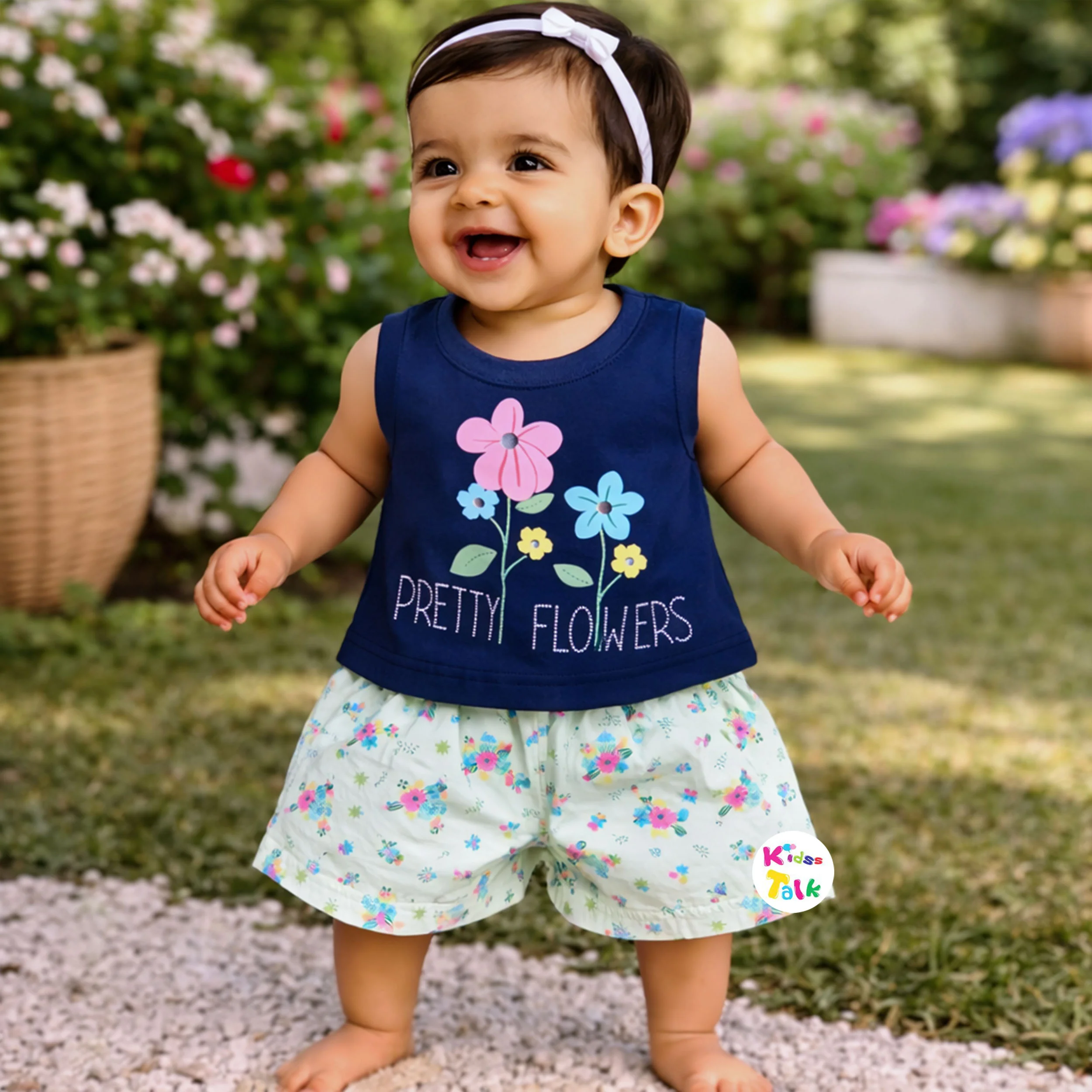 Cotton Knitted Sleeveless T-shirt Set With Cute Print - Navy Blue