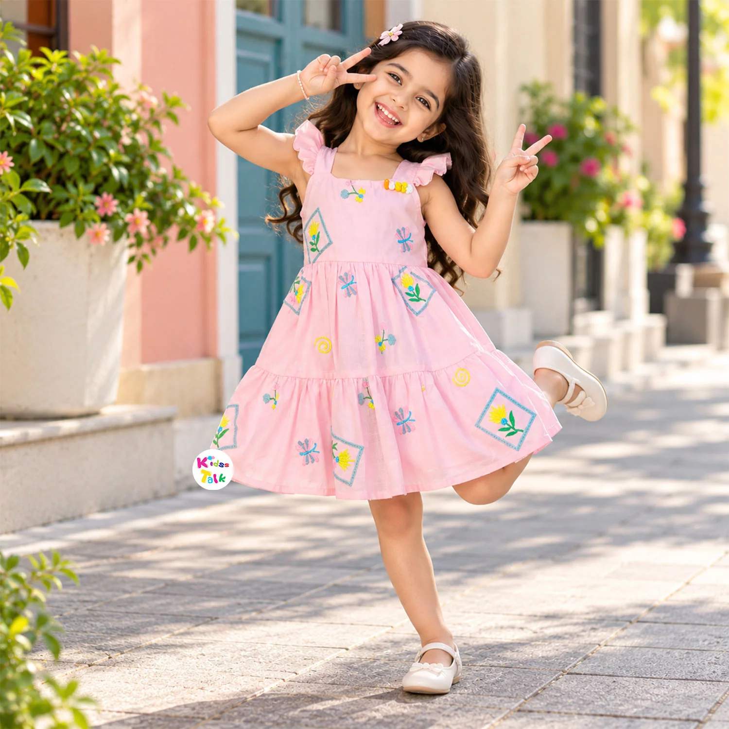 Cute Cotton Flower Embroidery Ruffle Sleeve Frock - Baby Pink