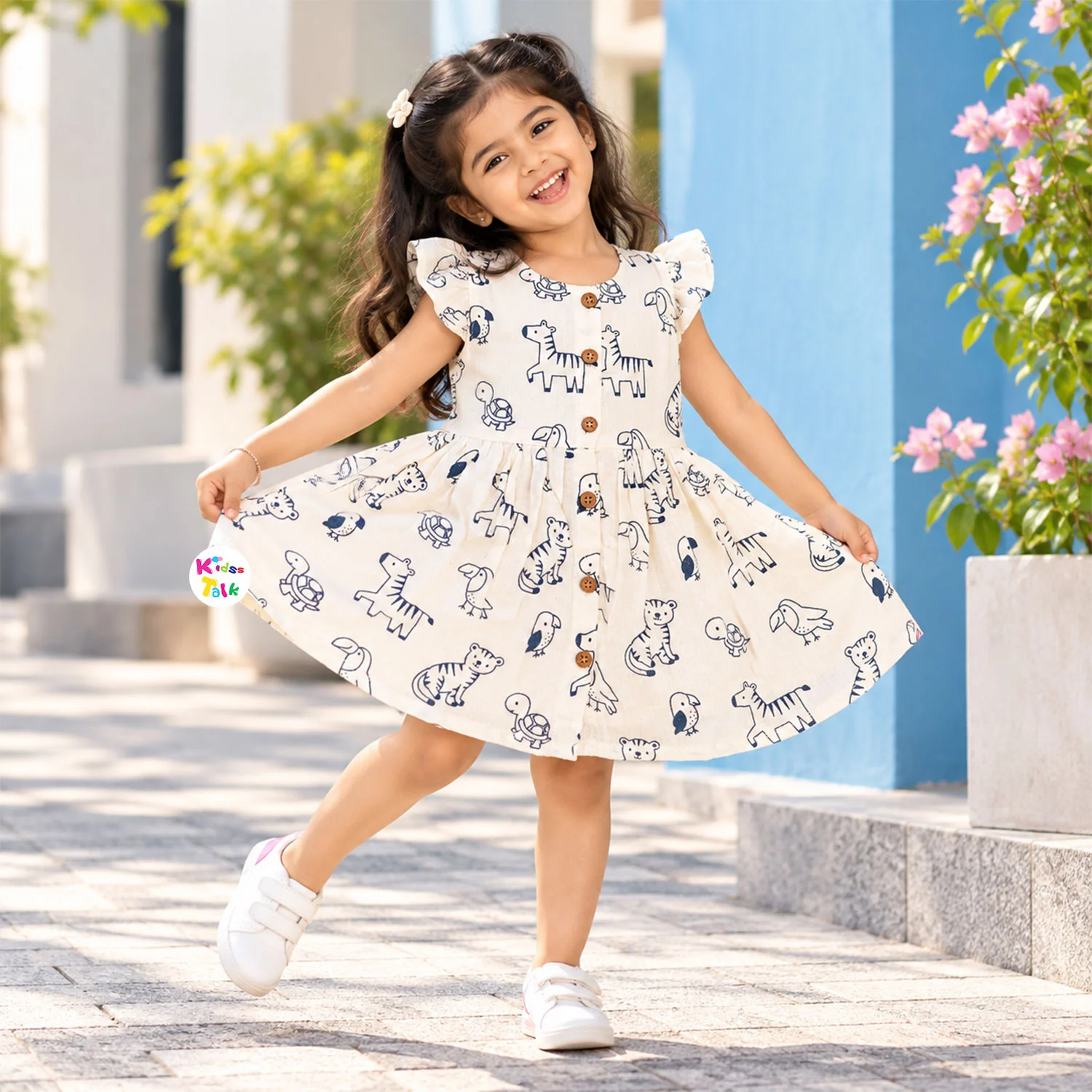 Cute Muslin Animal Print Cap Sleeve Frock - Blue