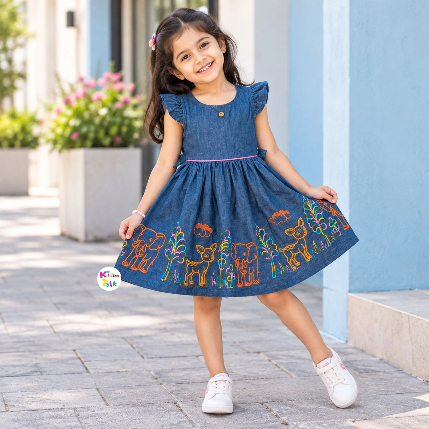 Cute Denim Animal Embroidery Ruffle Sleeve Frock - Denim Blue