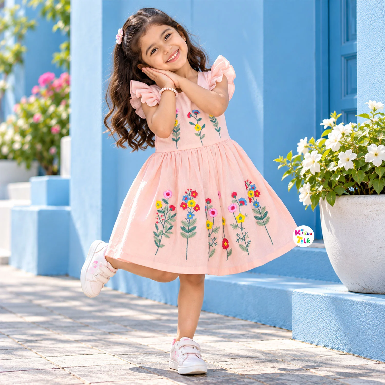 Cute Cotton Flower Embroidery Ruffle Sleeve Frock - Peach