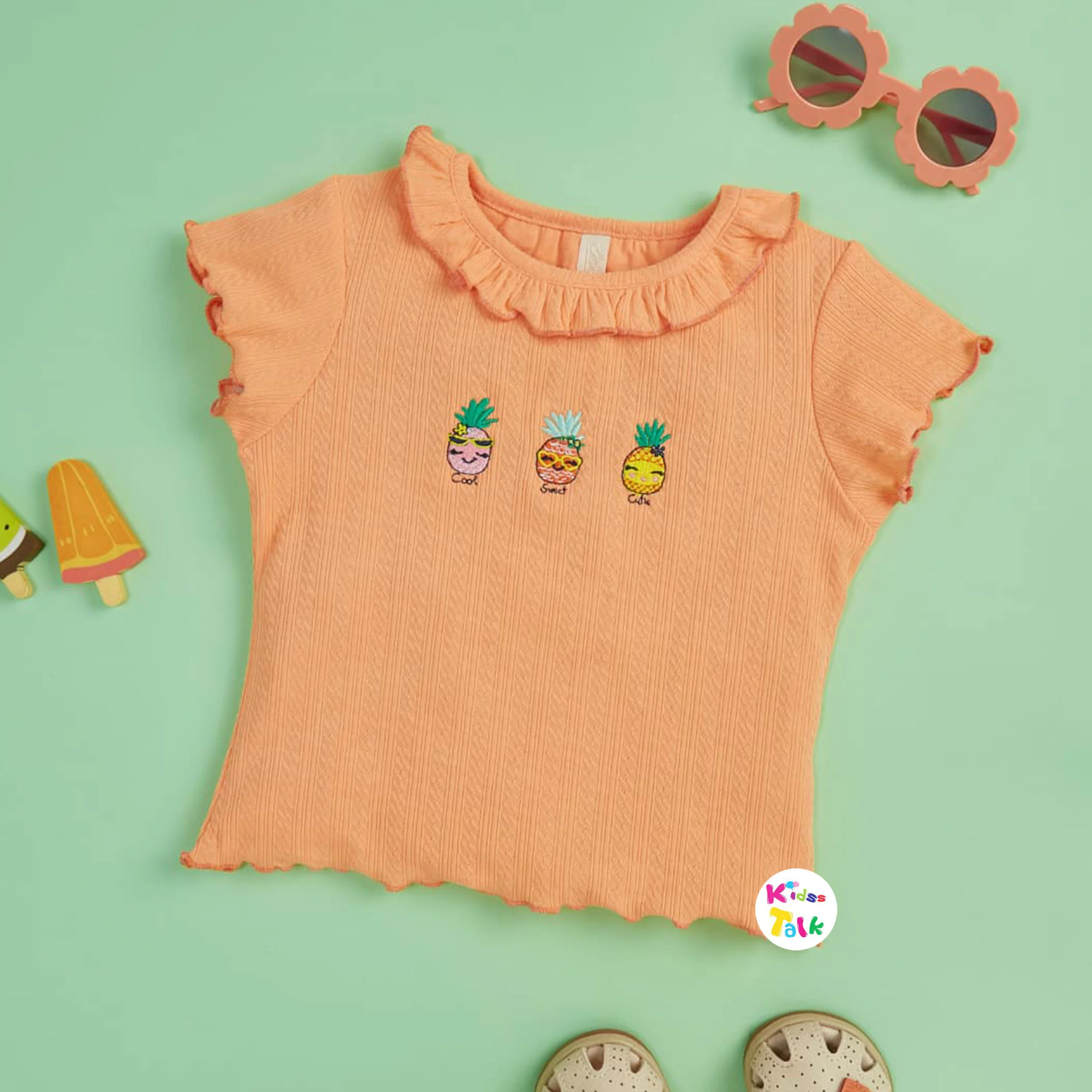 Cotton Knitted Half Sleeve Tees With Cute Embroidered - Peach