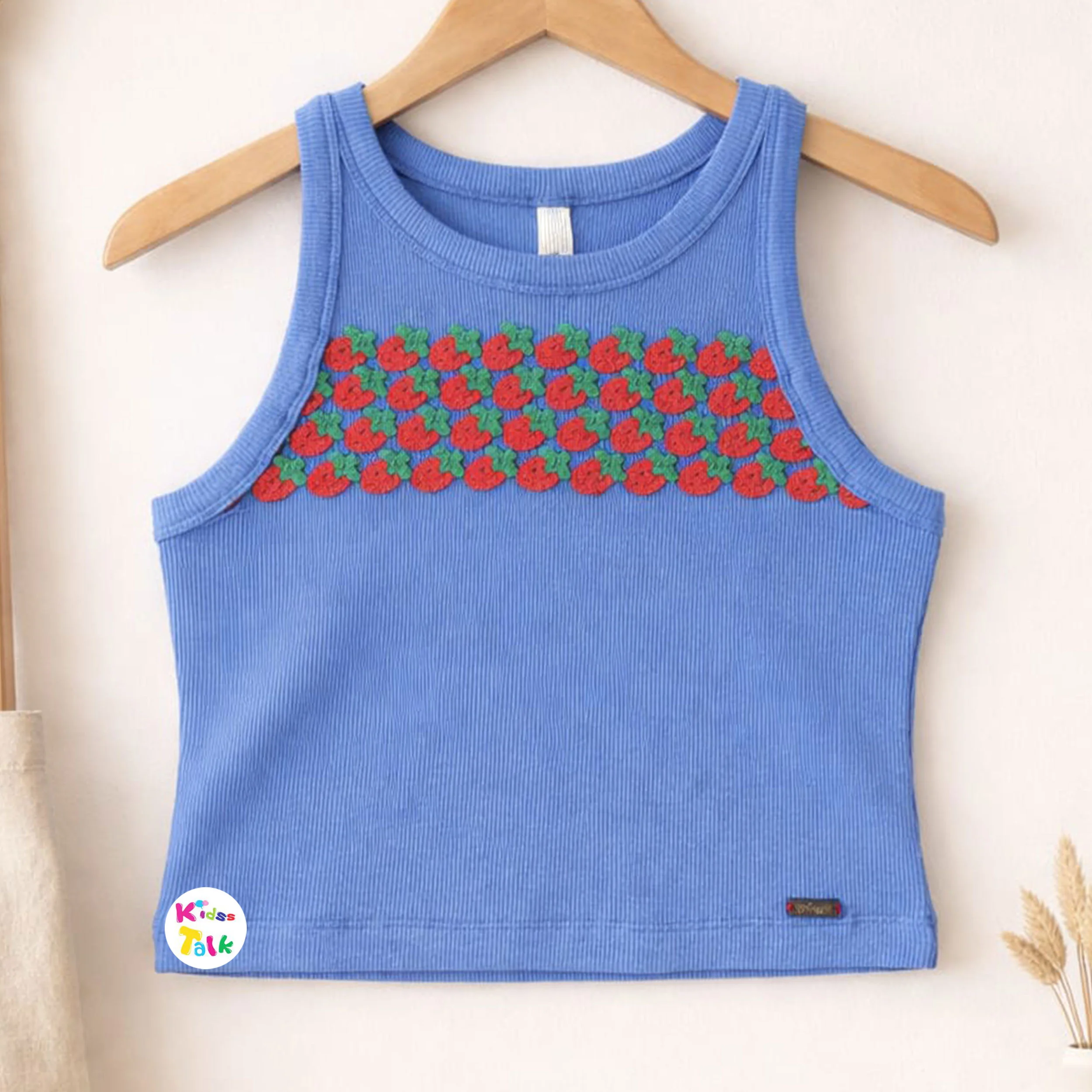 Cotton Knitted Sleeveless Tees With Cute Embroidered - Blue