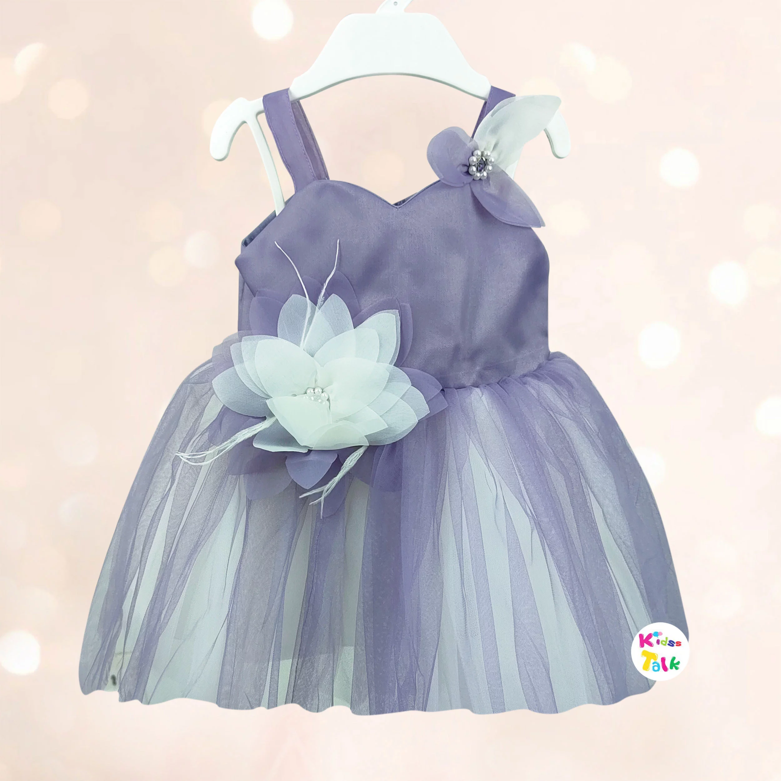 Net Sleeveless Party Frock With Flower - Lavender