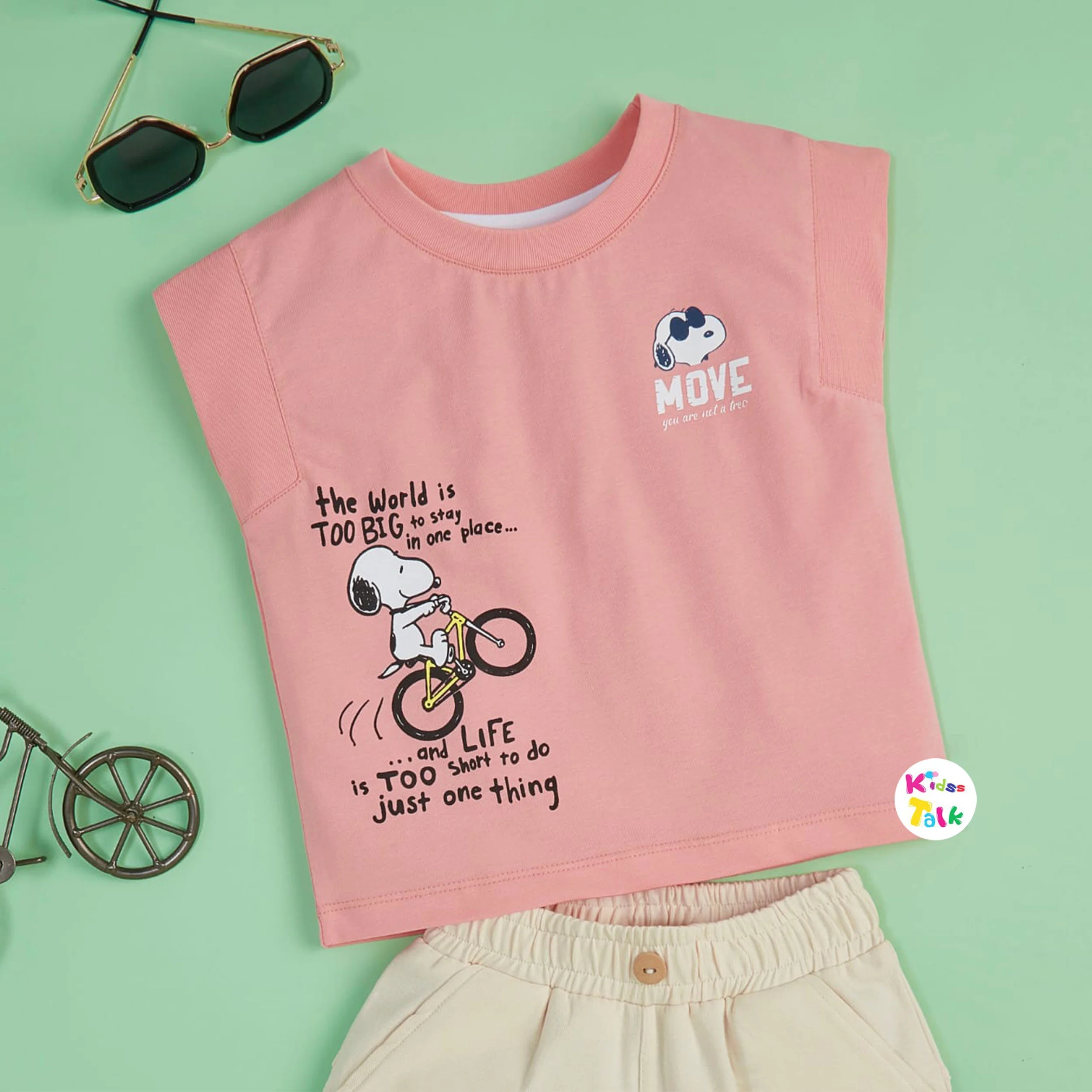 Cotton Knitted Sleeveless Tees With Cute Print - Peach