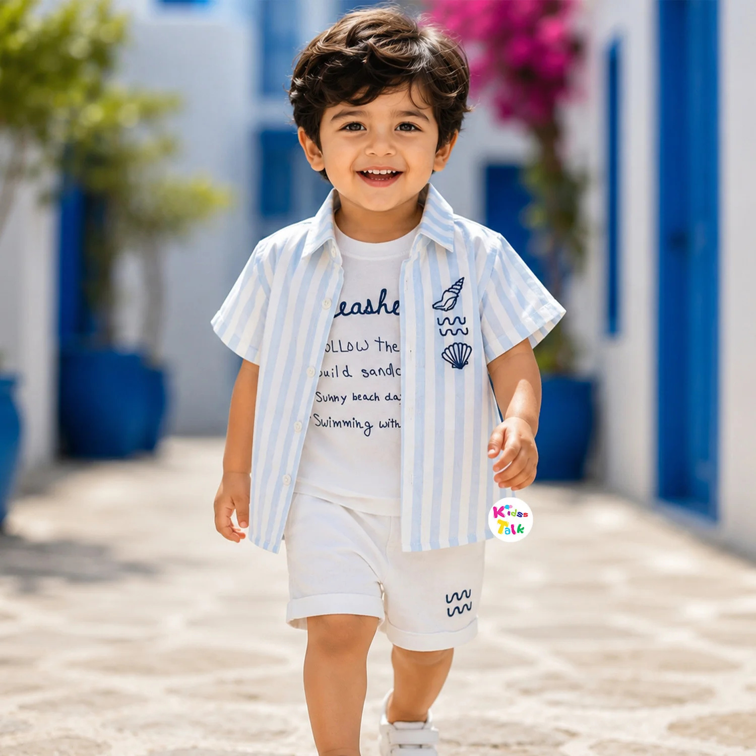 Cotton Half Sleeve Half Pant Set With Cute All Over Print - Ice Blue