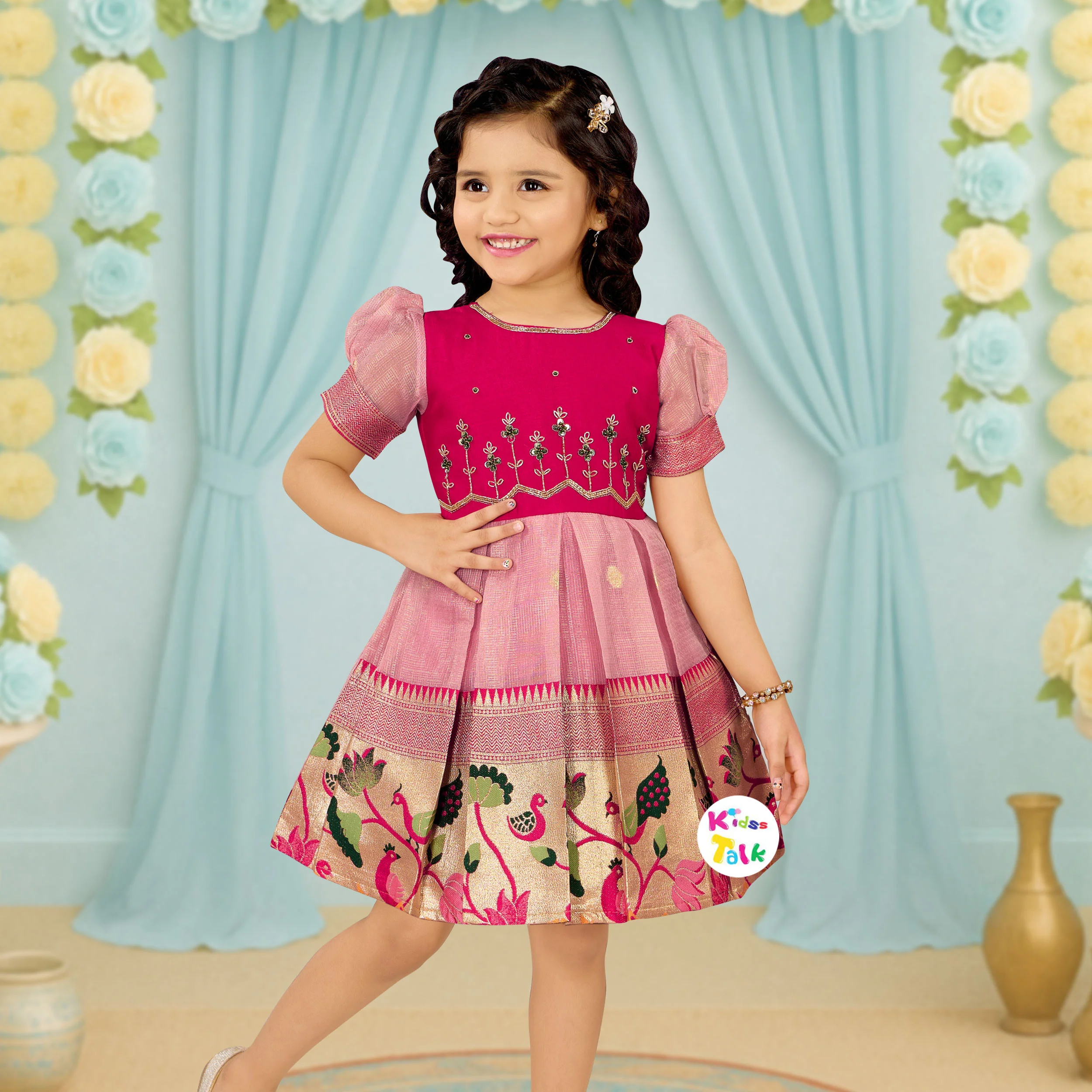 Cotton Silk Half Sleeve Frock With Embroidered - Hot Pink