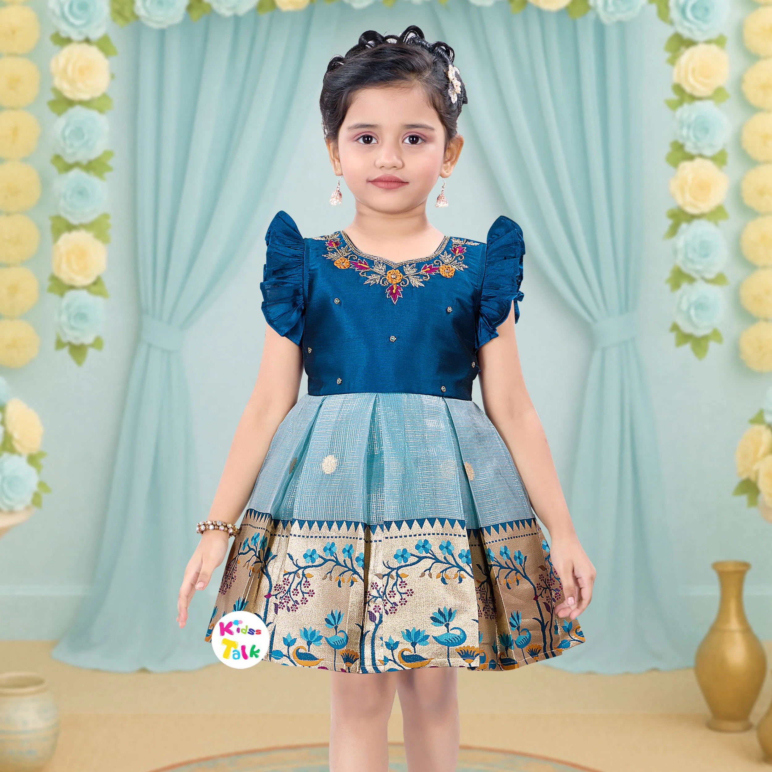 Cotton Silk Half Sleeve Frock With Embroidered - Blue
