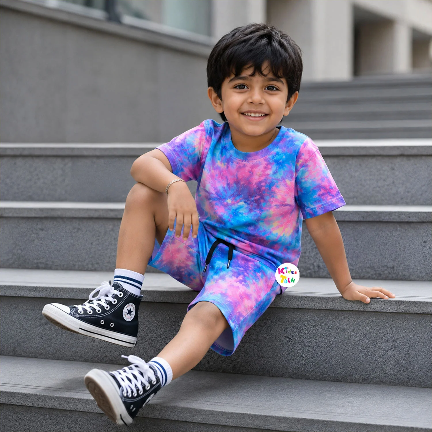 Cotton Knitted Half Sleeve T-shirt Set With Vibrant Tie & Dye Print - Multicolour
