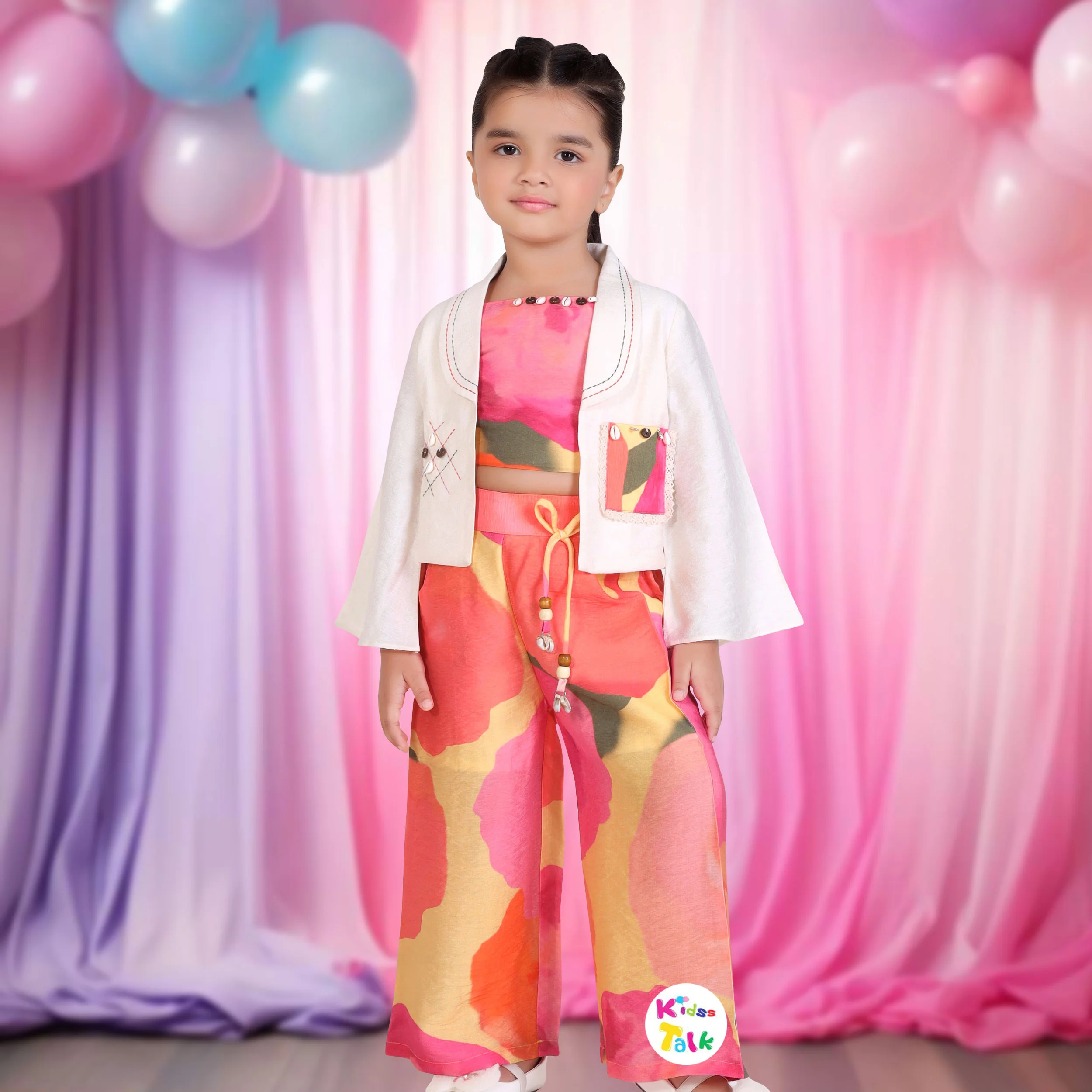 Cotton Sleeveless Top With Shrug & Full Pant With Cute Print - Multicolour