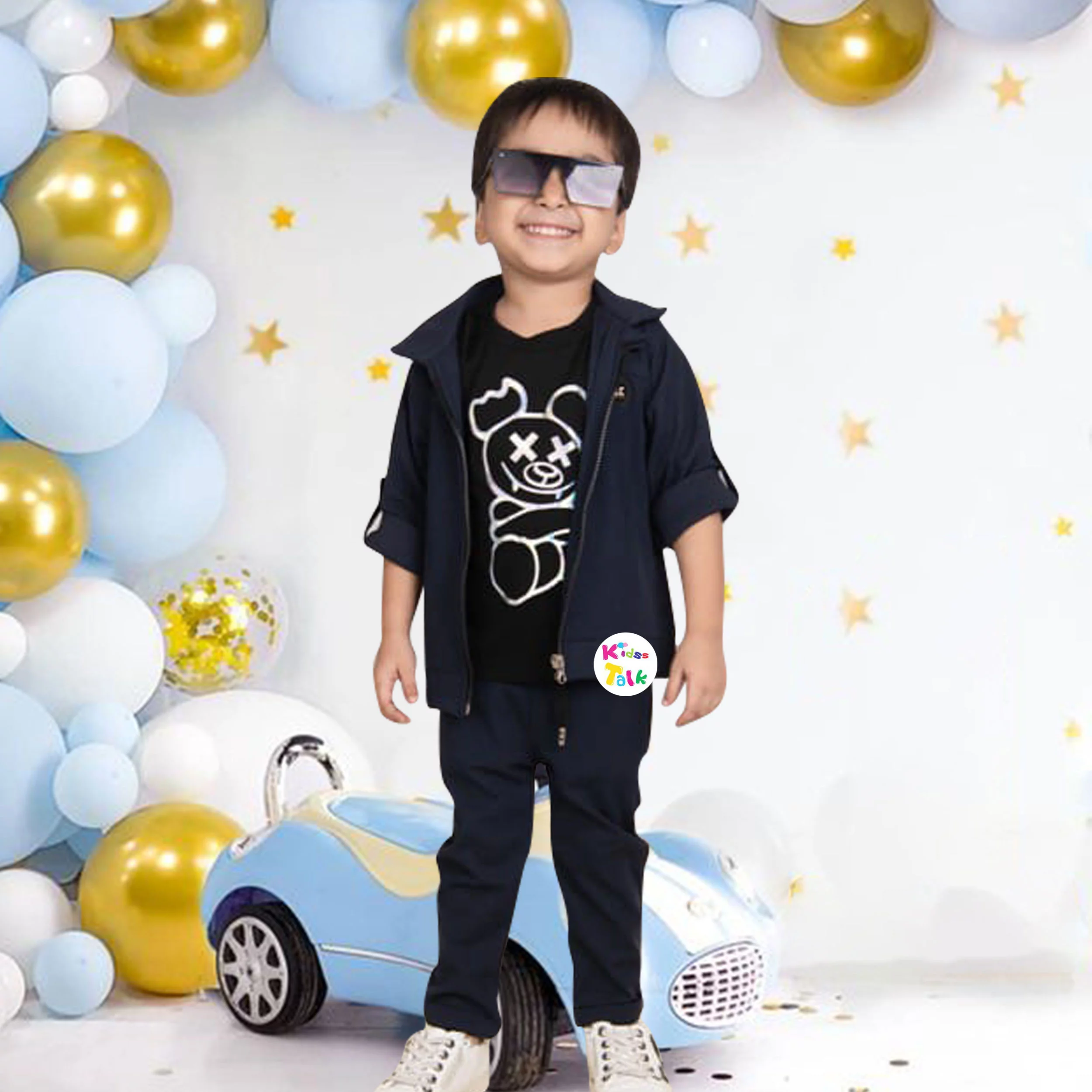 Stylish Full Sleeve T-shirt With Jacket & Full Pant - Navy Blue