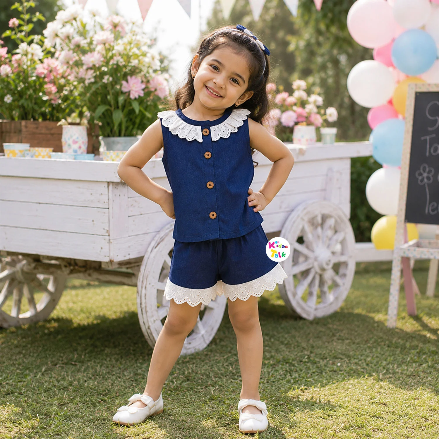 Sleeveless Top With Lace Collar & Half Pant - Denim Blue