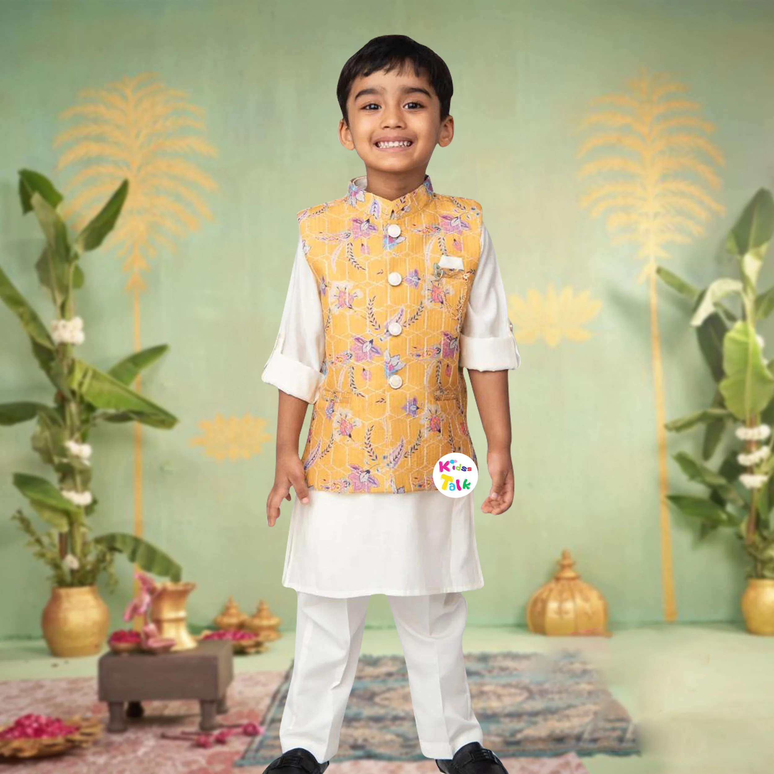 Royal Full Sleeve Kurta Print Jacket With Pyjama - Lemon Yellow
